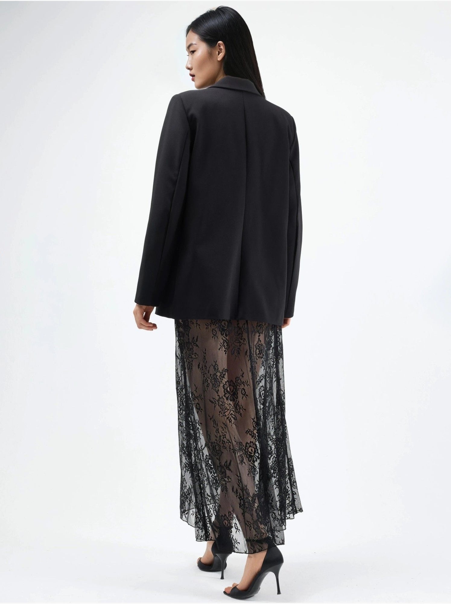 Jupe longue taille haute en dentelle - Noir