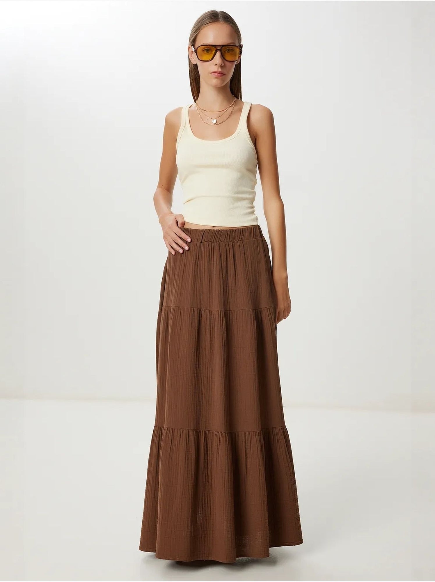 Jupe longue trapèze taille haute istanbul - Marron chocolat