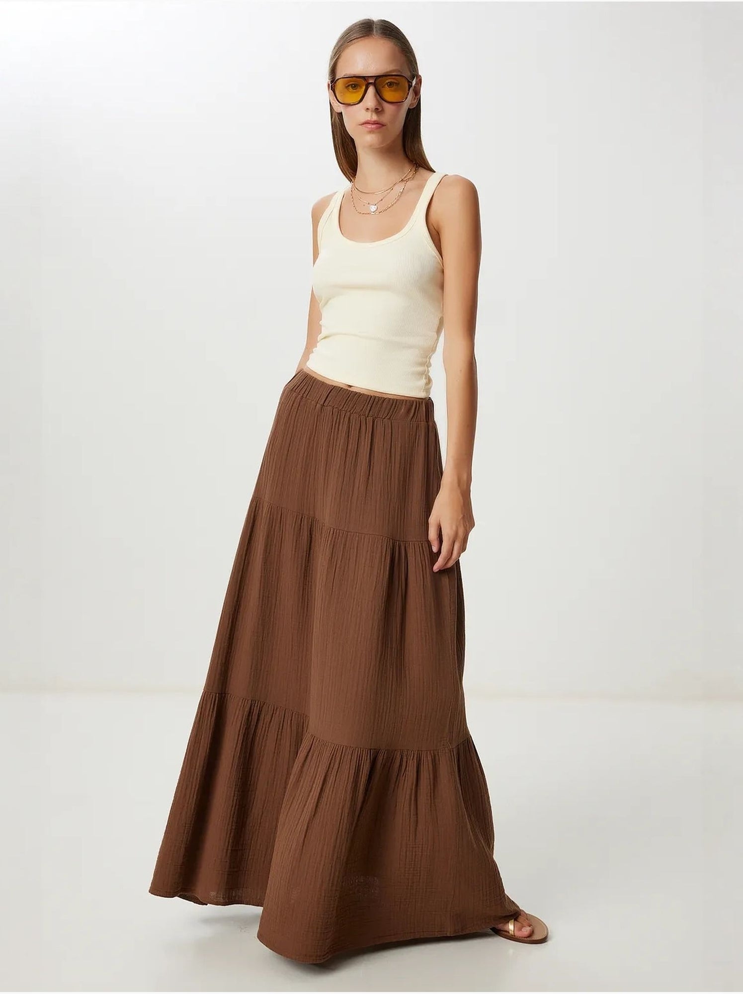 Jupe longue trapèze taille haute istanbul - Marron chocolat