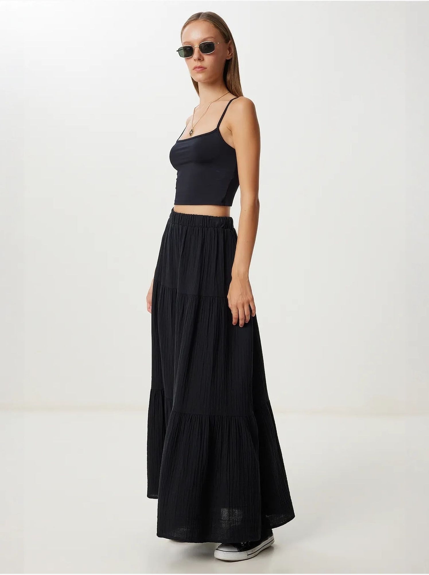 Jupe longue trapèze taille haute istanbul - Noir