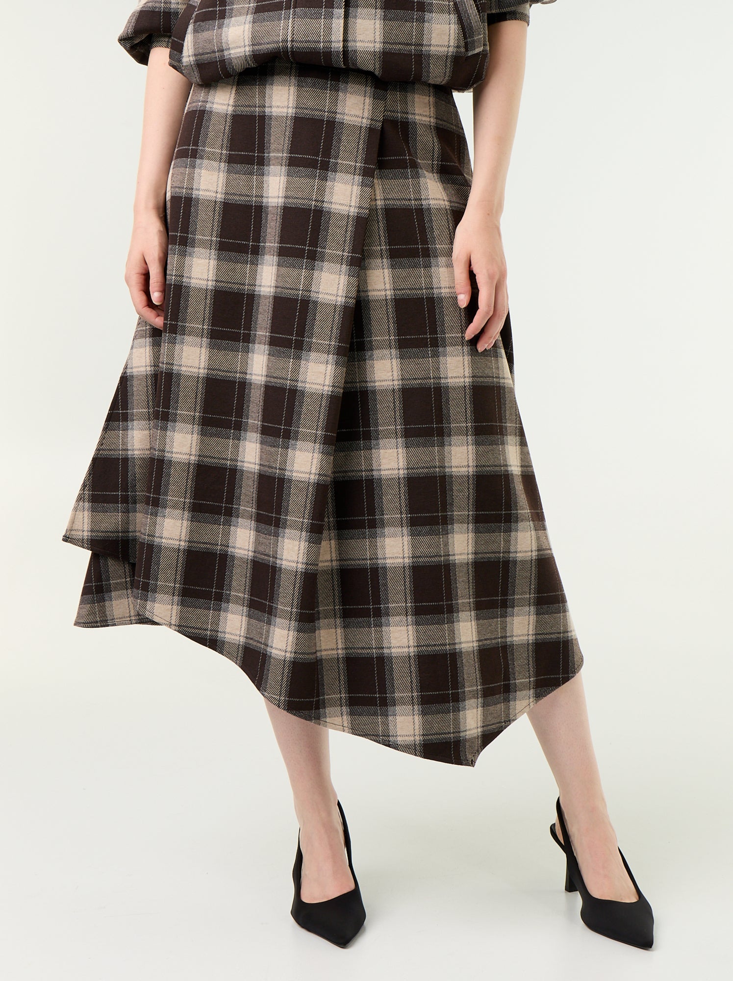 Jupe midi avec motif à carreaux - Marron