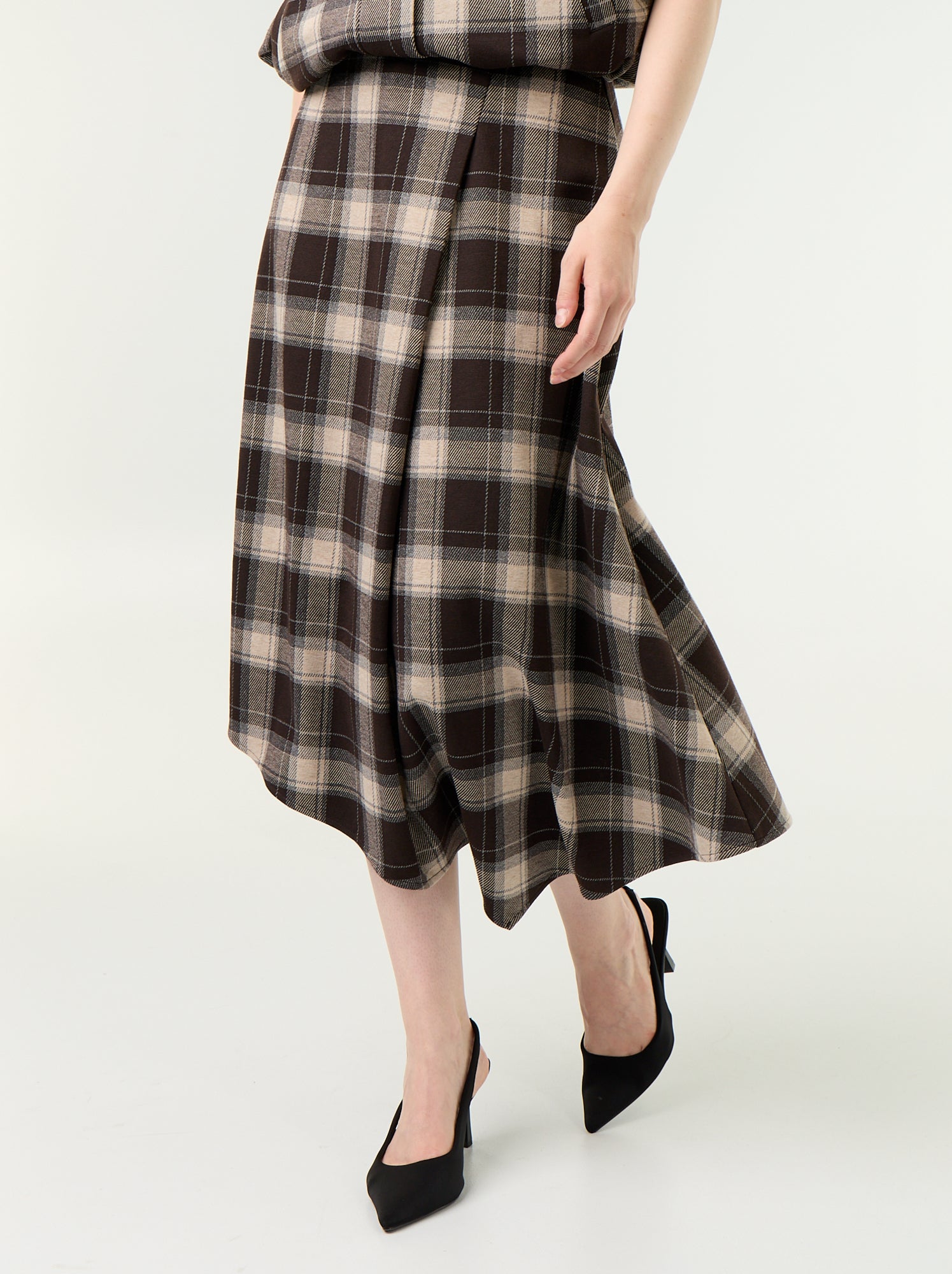 Jupe midi avec motif à carreaux - Marron
