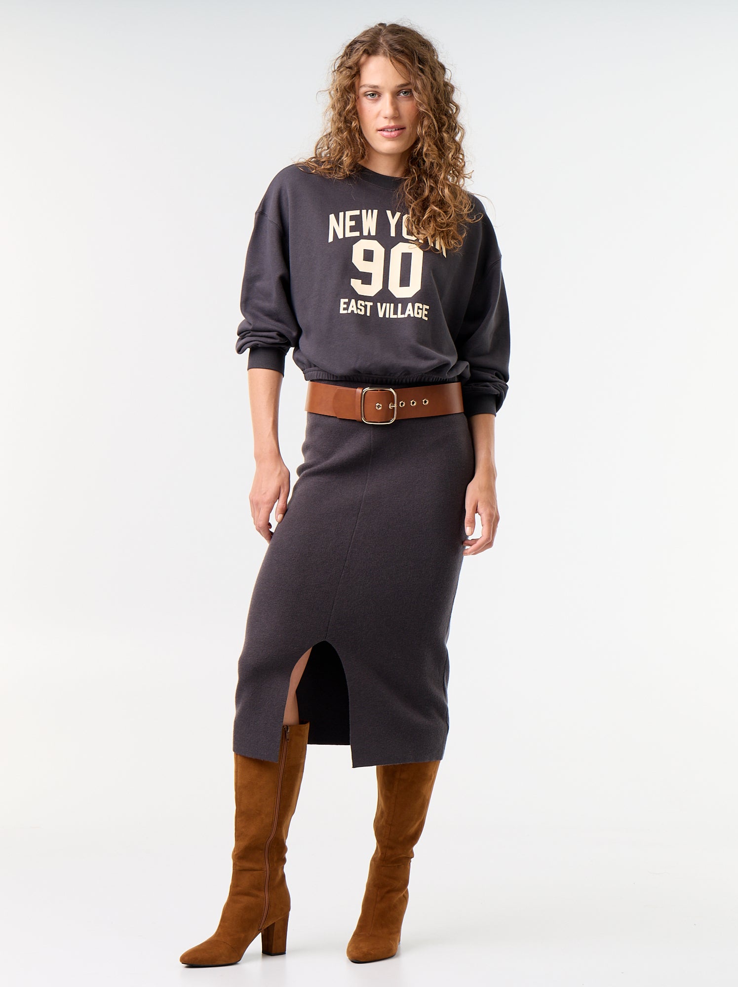 Jupe midi en matière ottoman - Noir