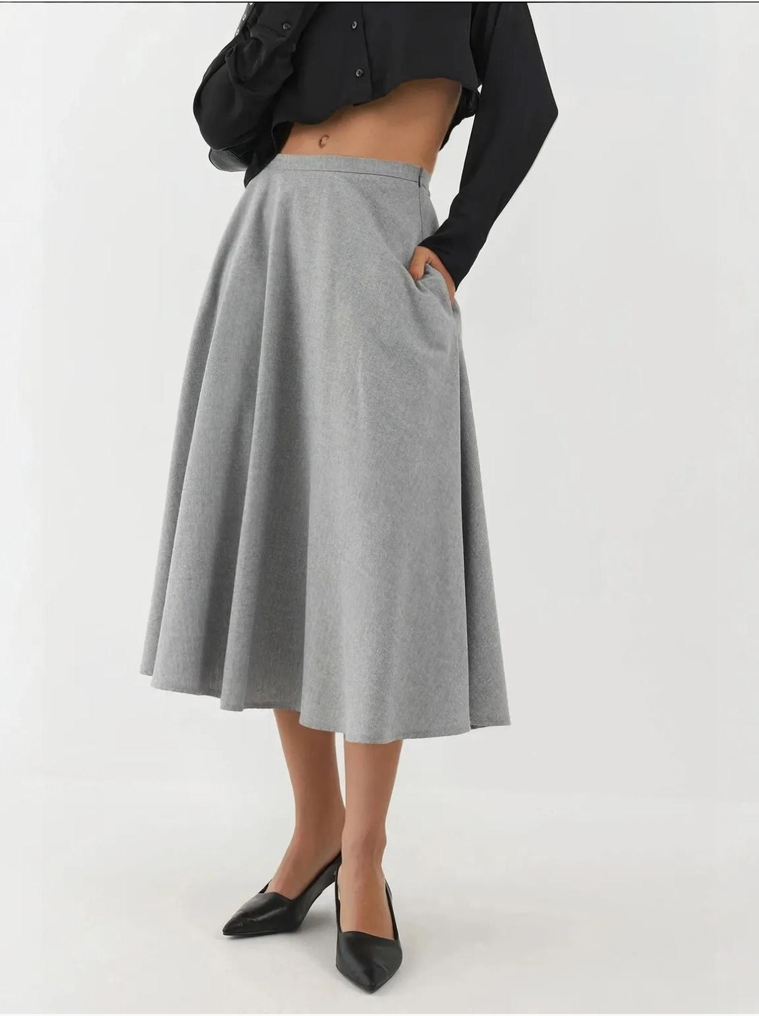 Jupe midi taille haute en a avec fermeture éclair - Gris