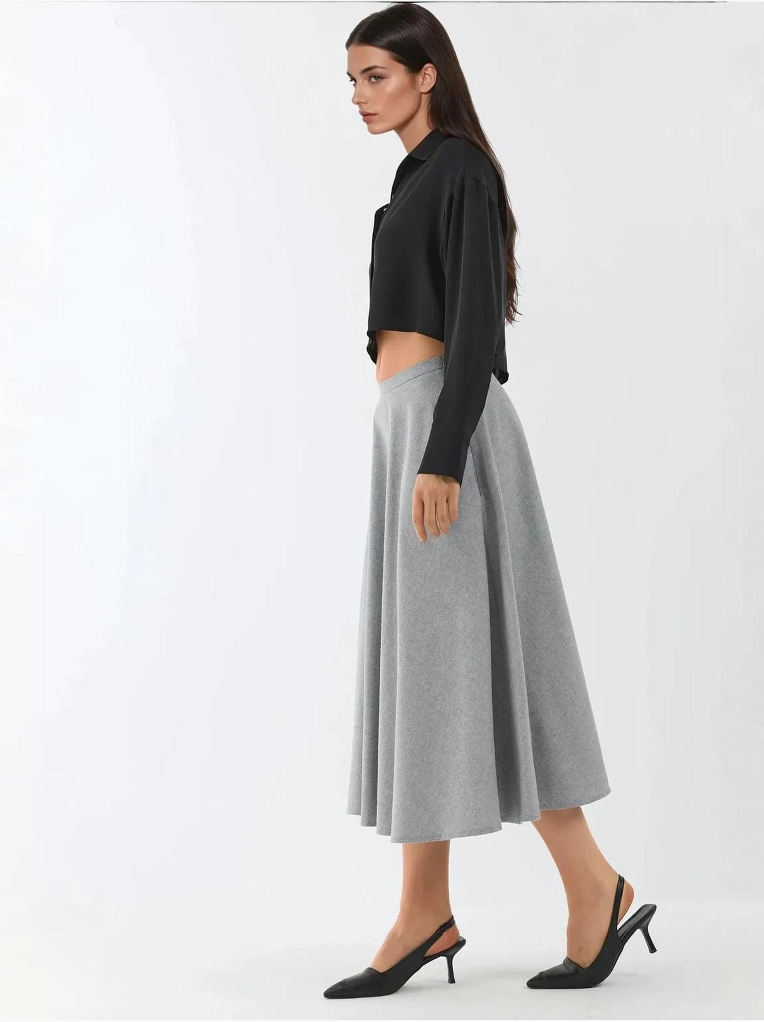 Jupe midi taille haute en a avec fermeture éclair - Gris