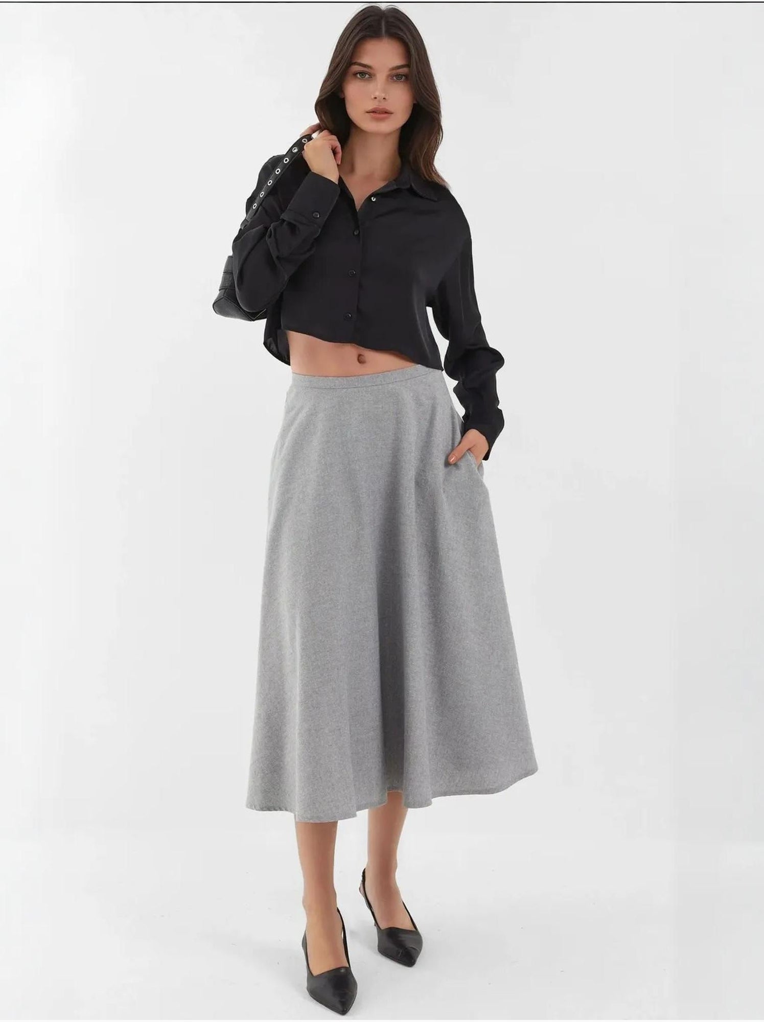 Jupe midi taille haute en a avec fermeture éclair - Gris