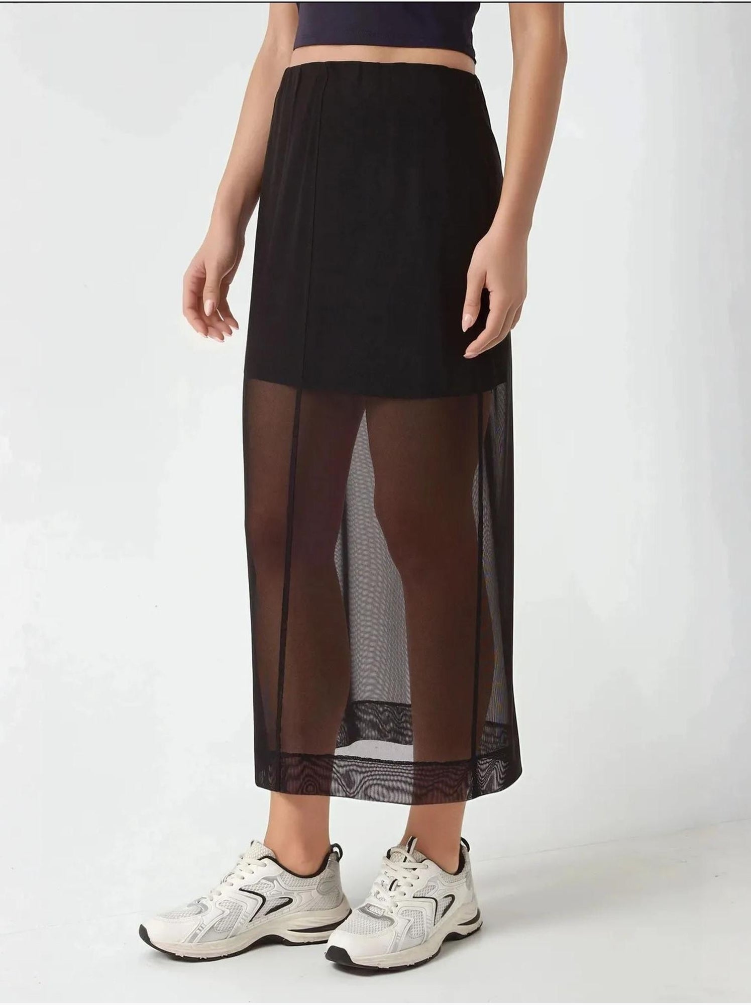 Jupe midi taille haute en dentelle collection pika - Noir