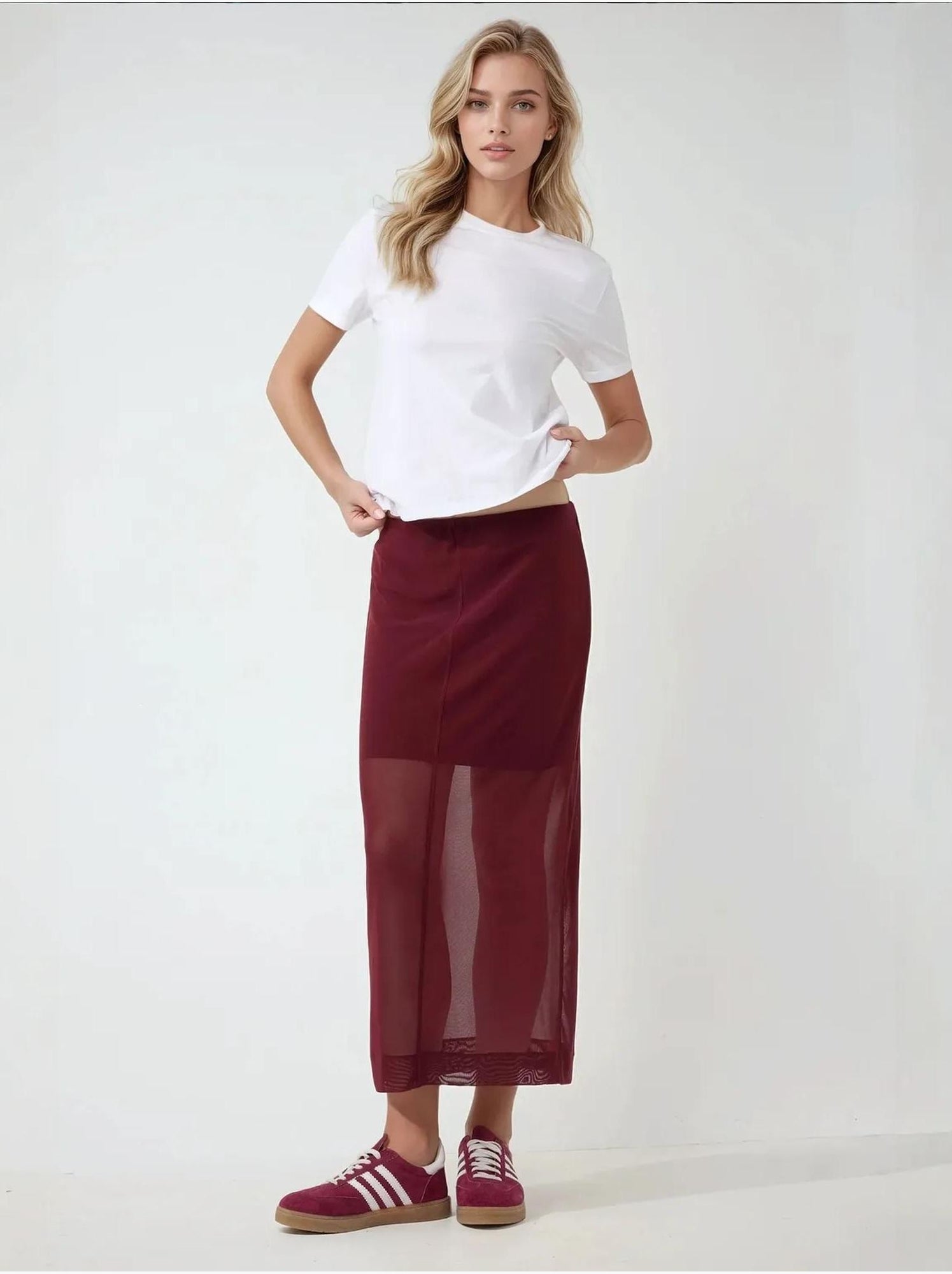 Jupe midi taille haute en dentelle collection pika - Rouge bordeaux