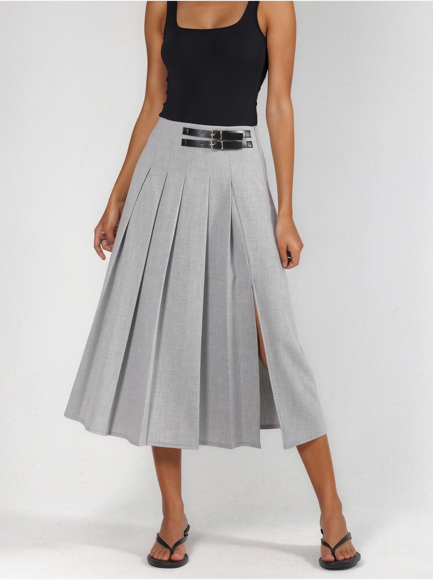 Jupe midi trapèze taille haute avec ceinture - Gris clair