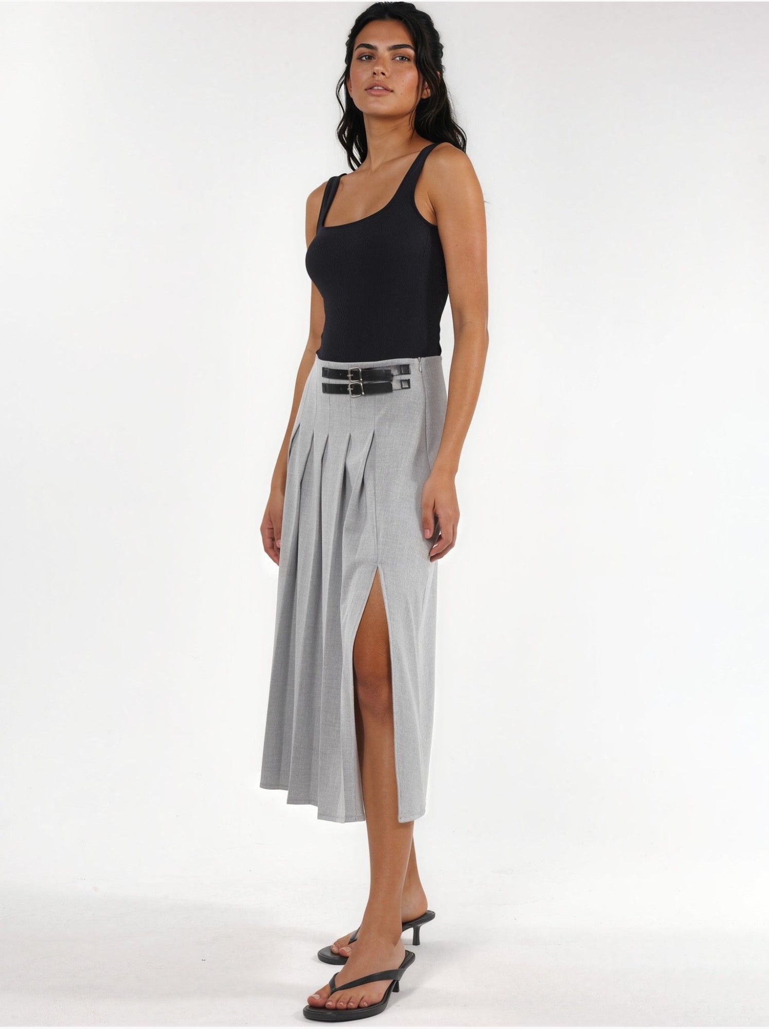 Jupe midi trapèze taille haute avec ceinture - Gris clair