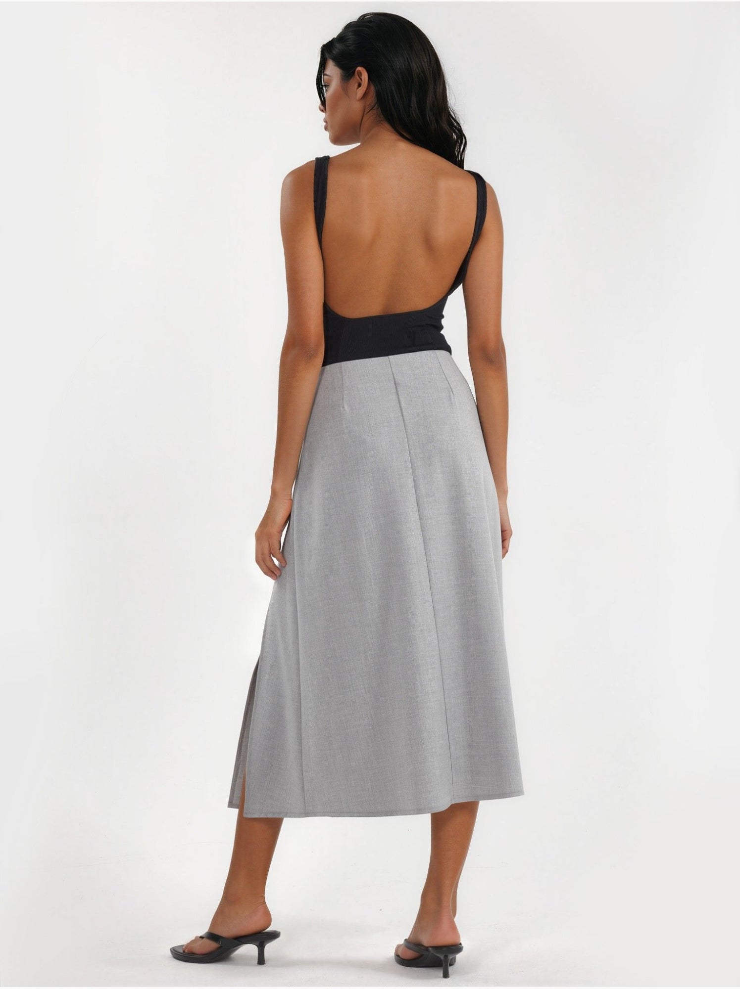 Jupe midi trapèze taille haute avec ceinture - Gris clair