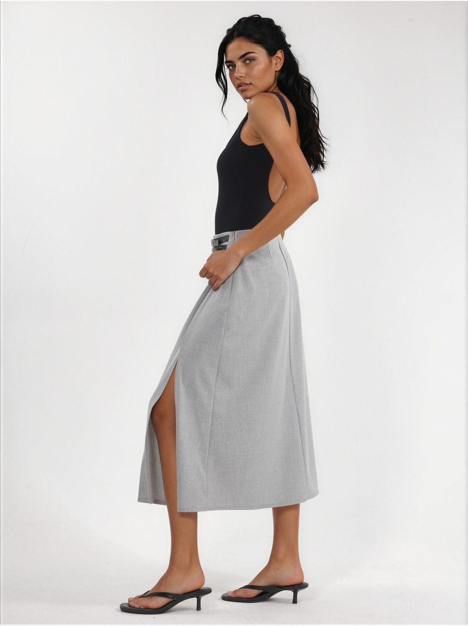 Jupe midi trapèze taille haute avec ceinture - Gris clair