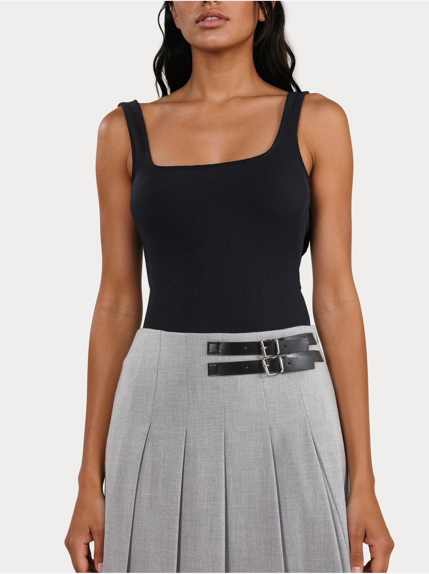Jupe midi trapèze taille haute avec ceinture - Gris clair