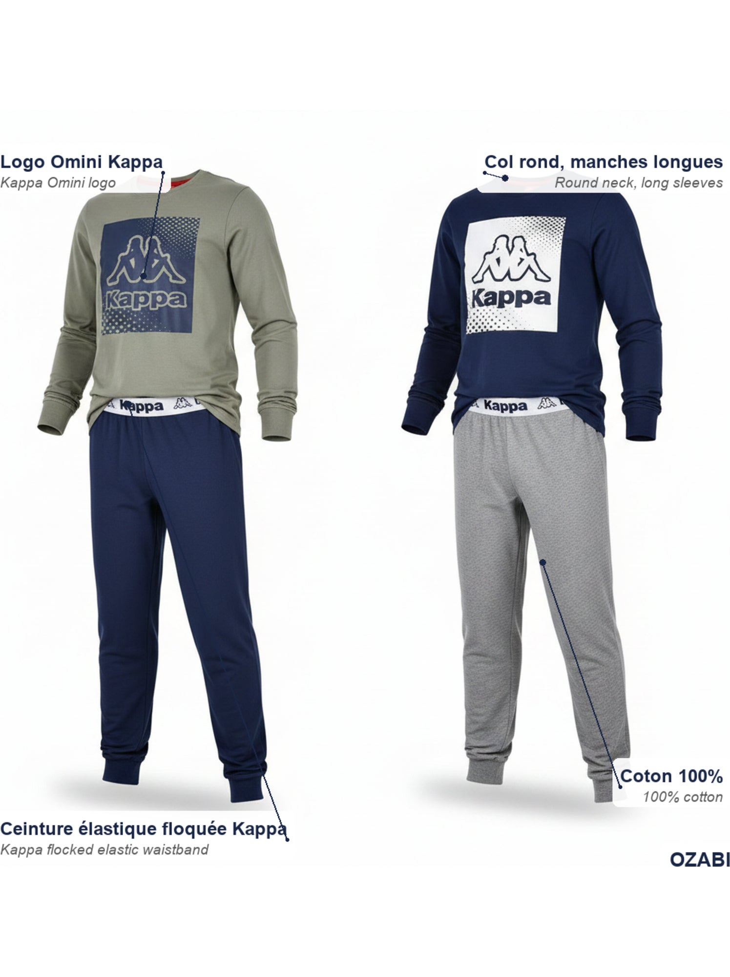 KAPPA Pyjama Long Garçon Pack de 2 Coton Logo Omini Col Rond Manches Longues - Bleu Kaki