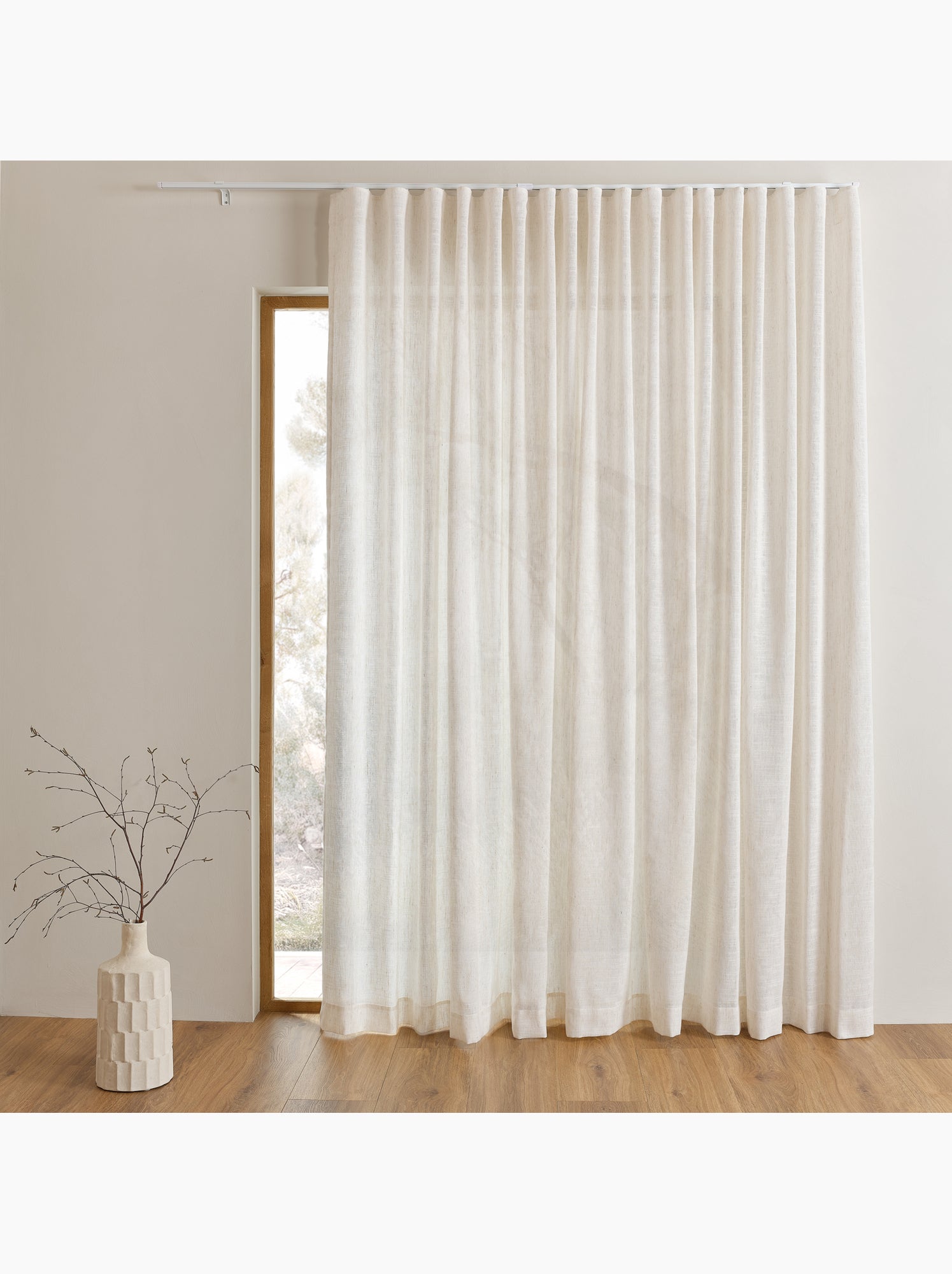 Kit rail extensible + voilage poly-lin wave - Beige clair
