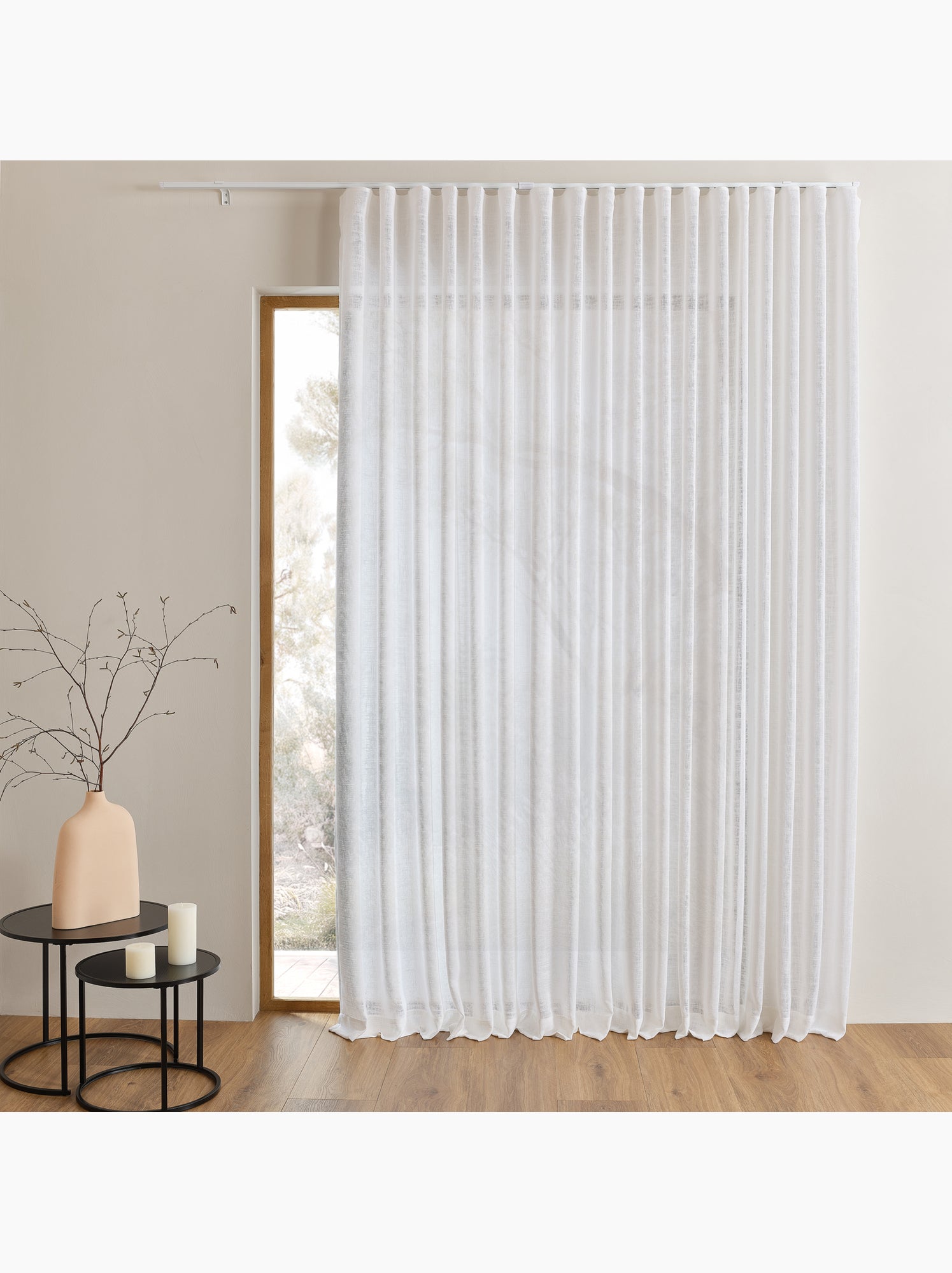 Kit rail extensible + voilage poly-lin wave - Blanc