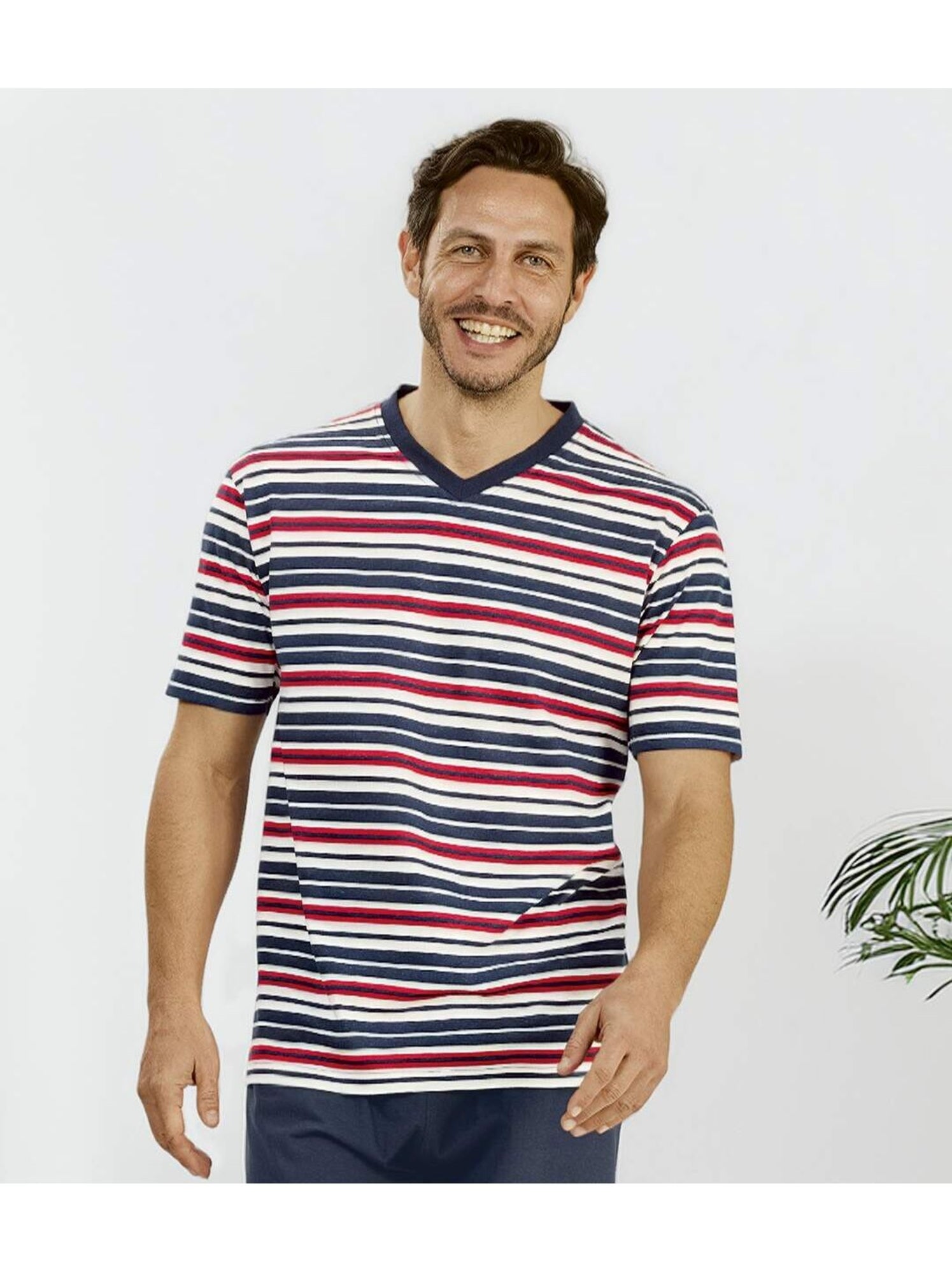 Le pyjashort col v rayé  - atlas for men - Bleu marine