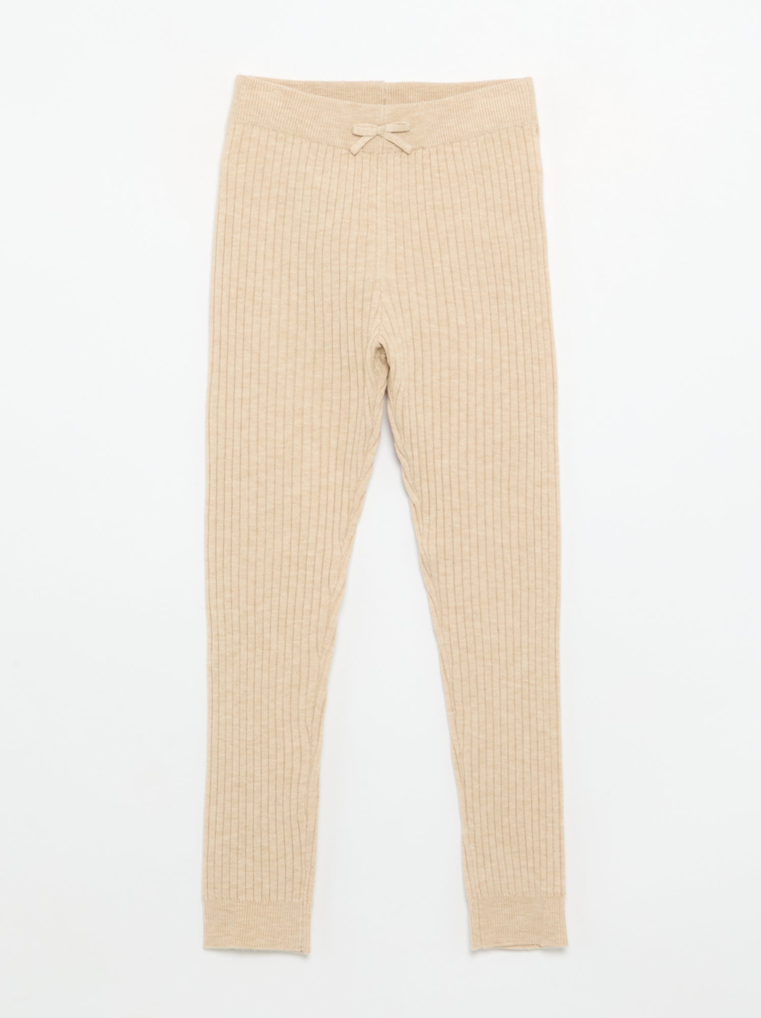 Legging en tricot uni avec noeud à la taille - Beige