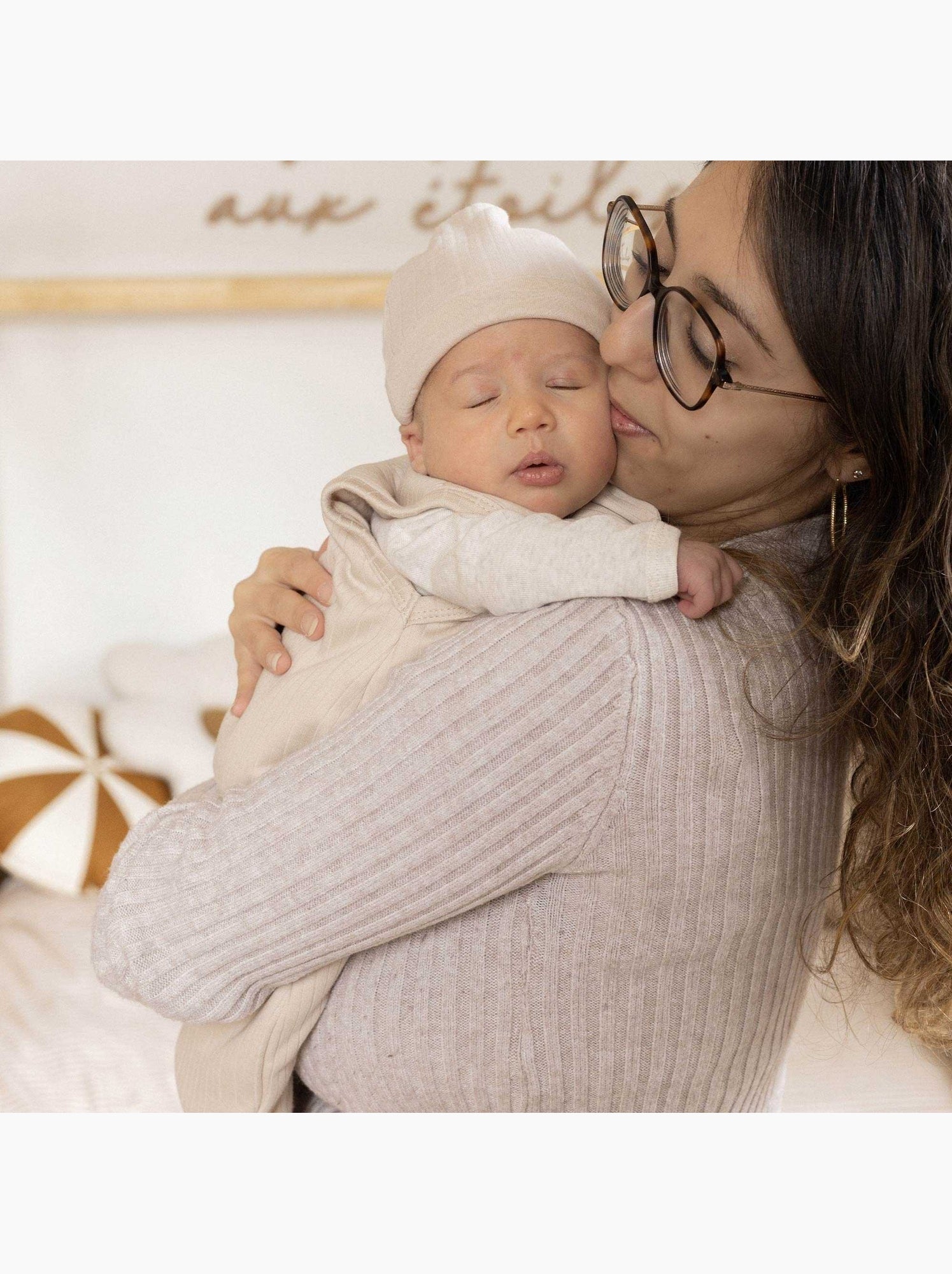 Lot bonnet et moufles naissance - Beige