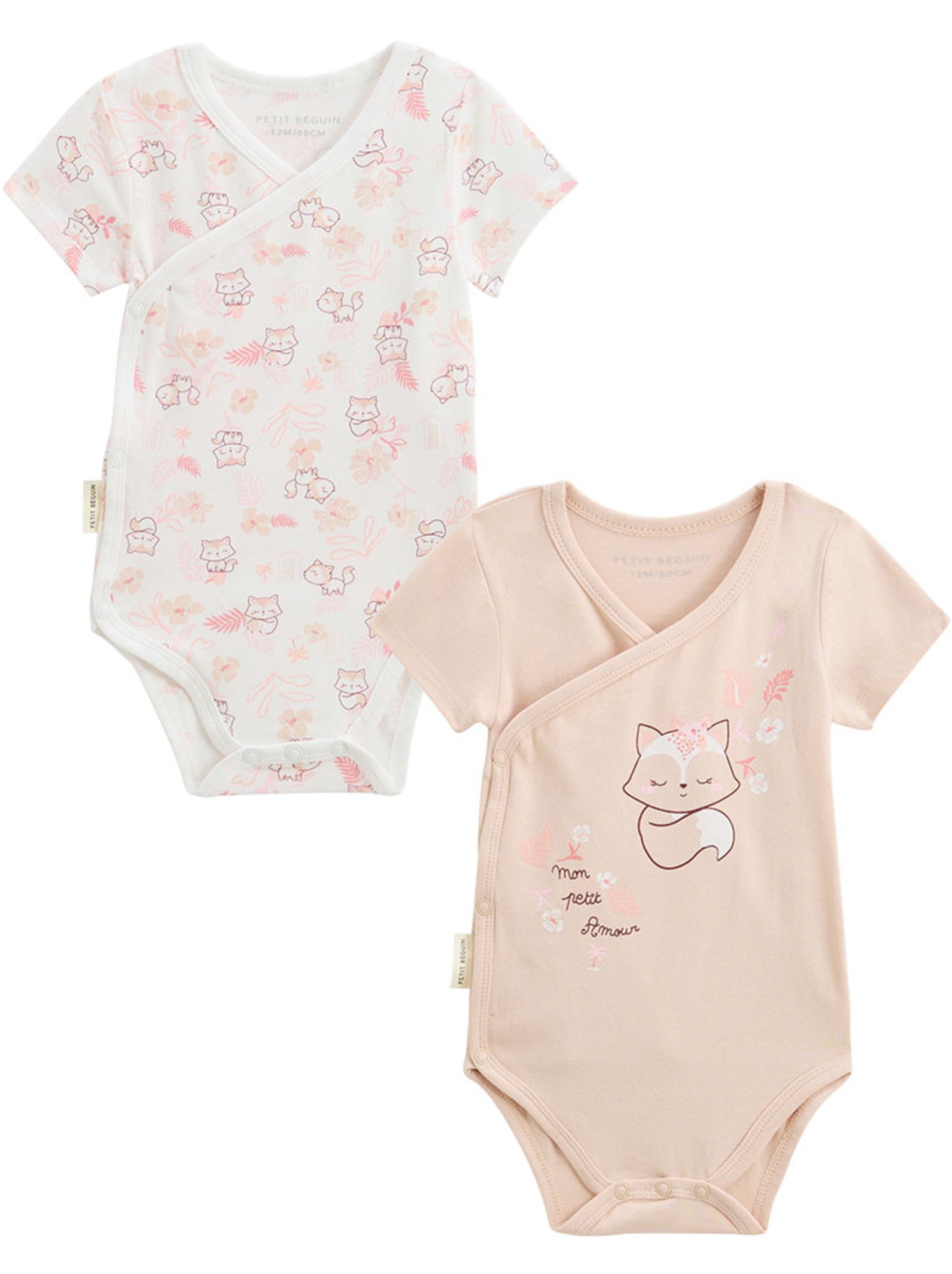 Lot de 2 bodies bébé manches courtes ouverture croisée louison - Rose