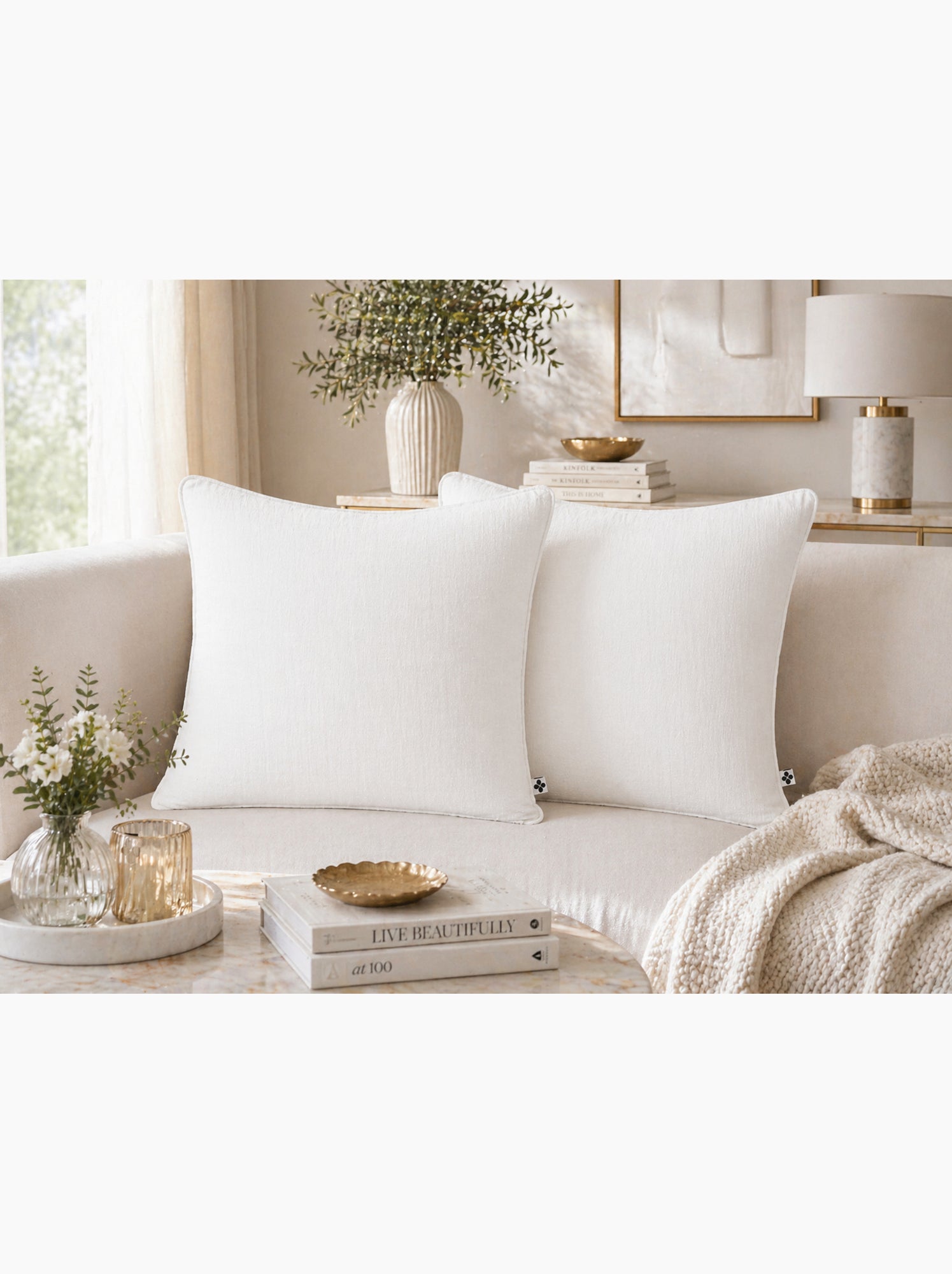 Lot de 2 coussins – gaze de coton -déhoussables zip – passepoil - Blanc