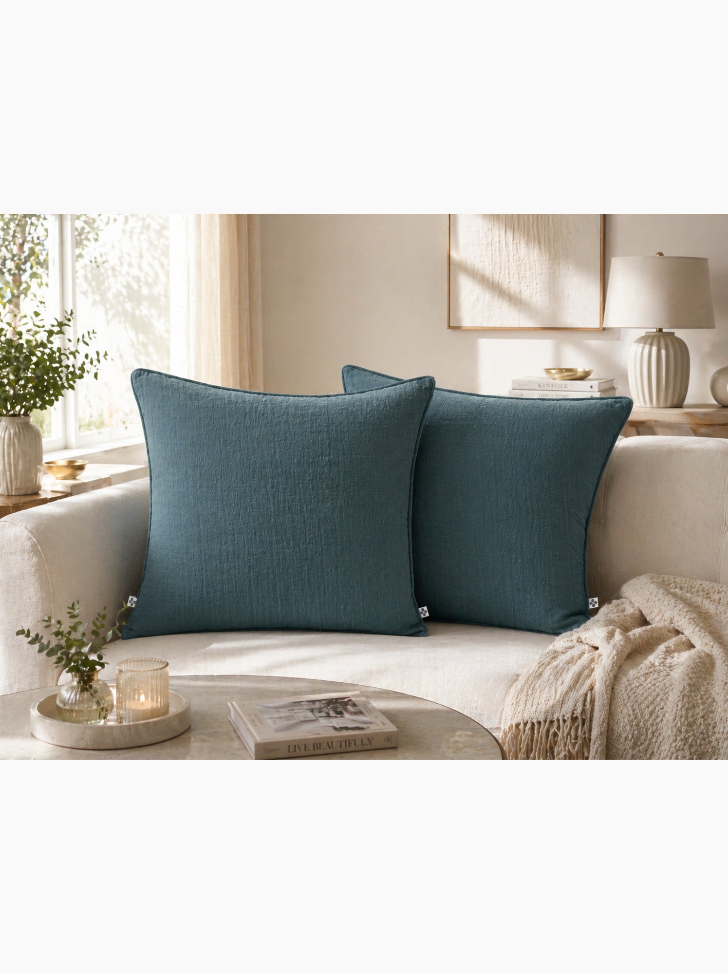 Lot de 2 coussins – gaze de coton -déhoussables zip – passepoil - Bleu canard