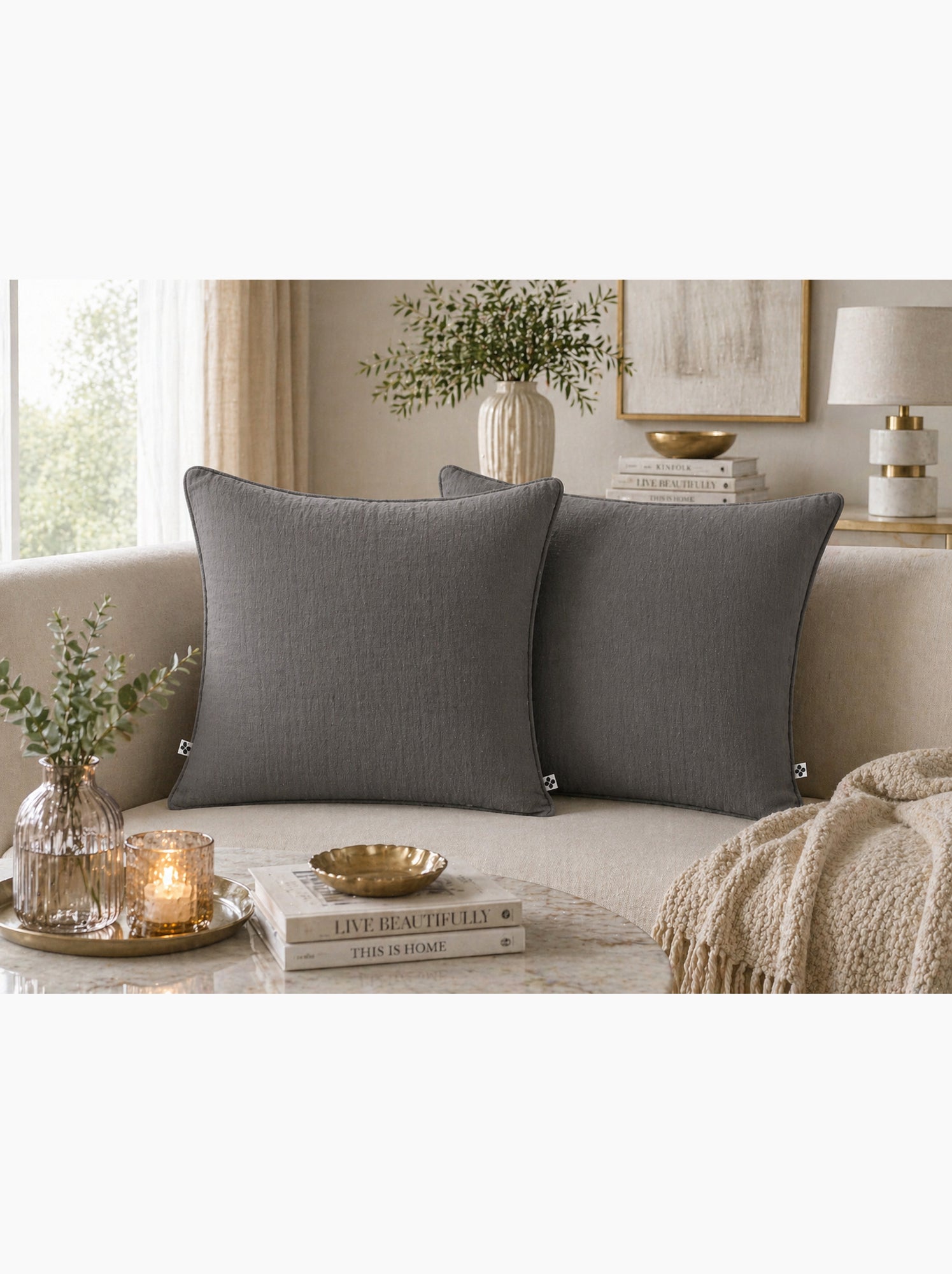 Lot de 2 coussins – gaze de coton -déhoussables zip – passepoil - Gris Granit