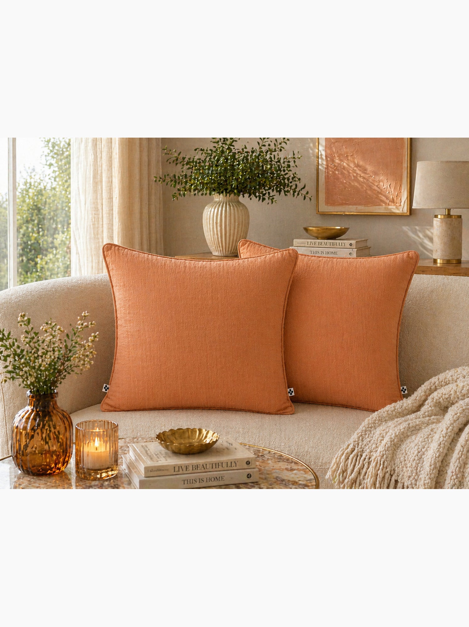 Lot de 2 coussins – gaze de coton -déhoussables zip – passepoil - Orange clair