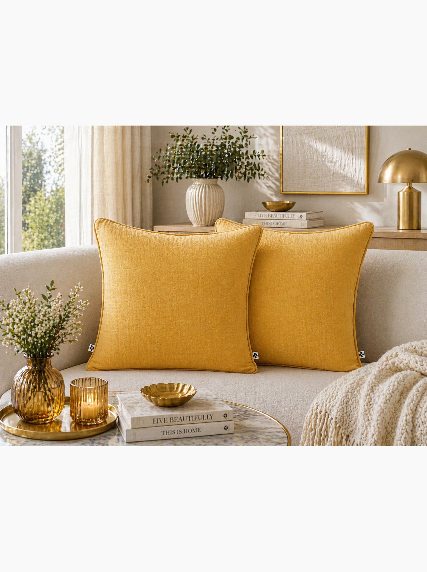 Lot de 2 coussins – gaze de coton -déhoussables zip – passepoil - Safran