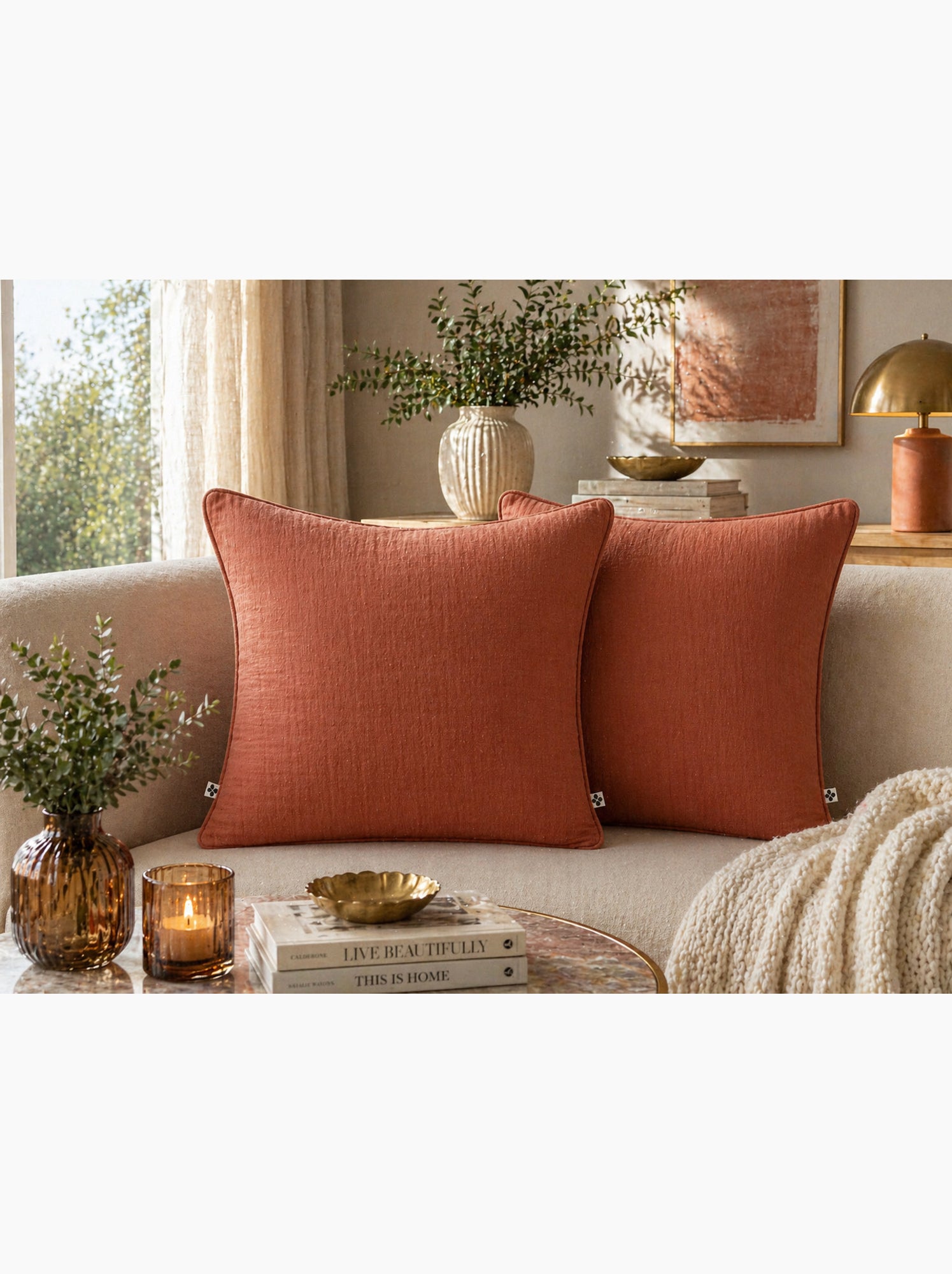 Lot de 2 coussins – gaze de coton -déhoussables zip – passepoil - Terracotta