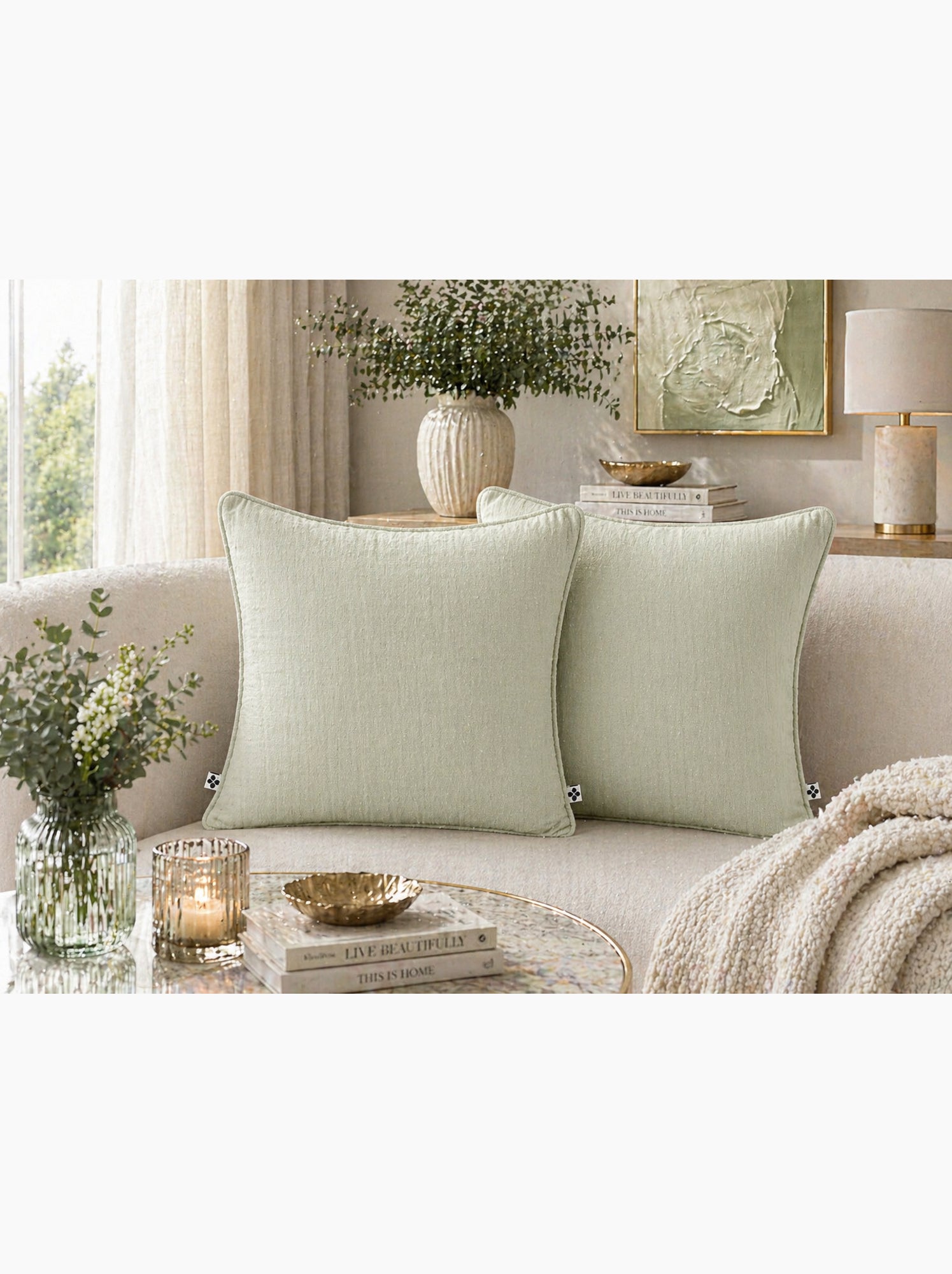 Lot de 2 coussins – gaze de coton -déhoussables zip – passepoil - Vert d'eau