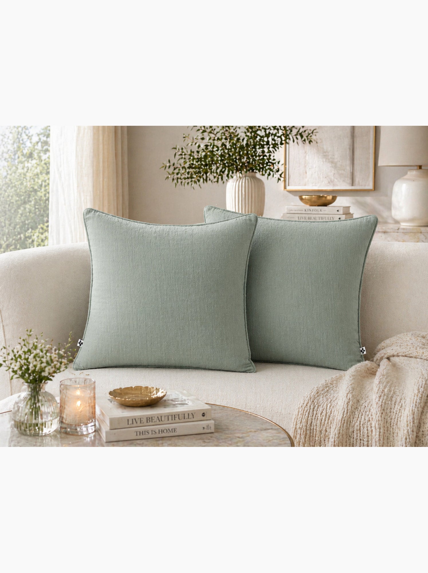Lot de 2 coussins – gaze de coton -déhoussables zip – passepoil - Vert eucalyptus