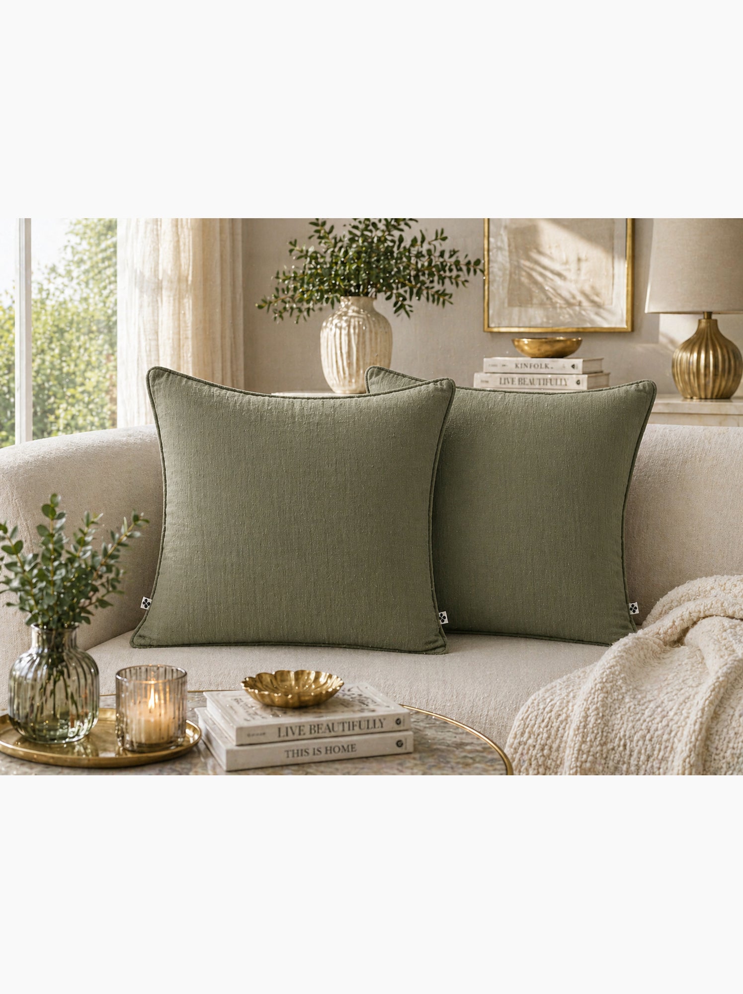 Lot de 2 coussins – gaze de coton -déhoussables zip – passepoil - Vert romarin