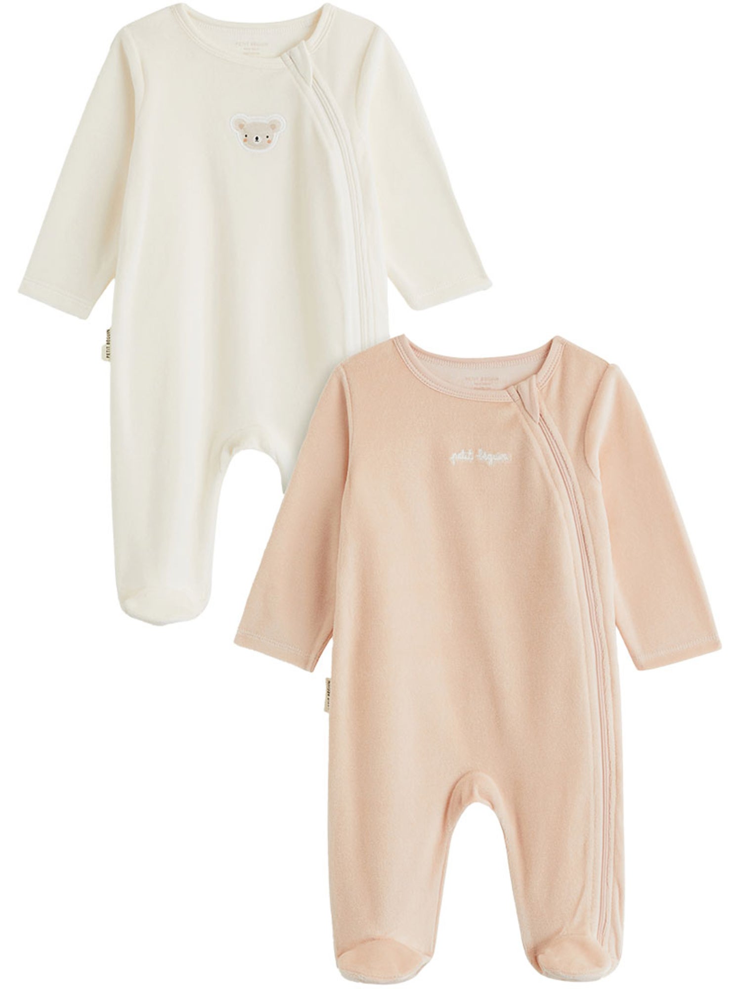 Lot de 2 pyjamas bébé en velours ouverture zippée - Rose