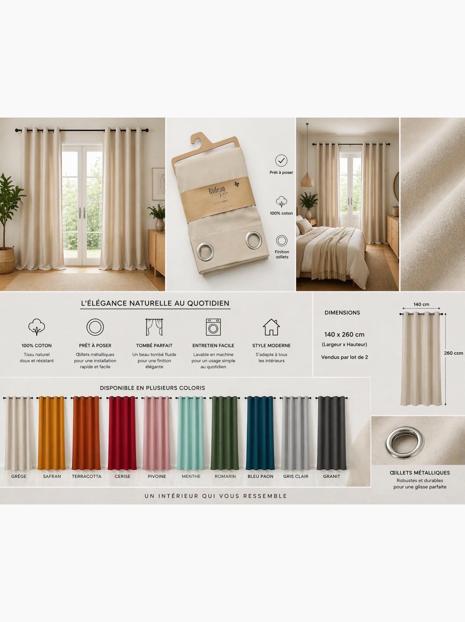Lot de 2 rideaux 100% coton prélavé – kala - Beige