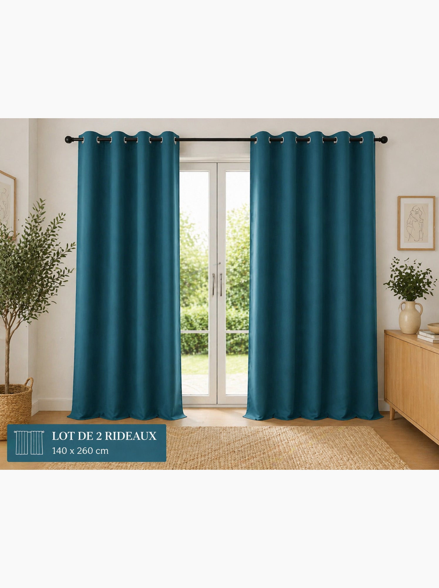 Lot de 2 rideaux 100% coton prélavé – kala - Bleu paon