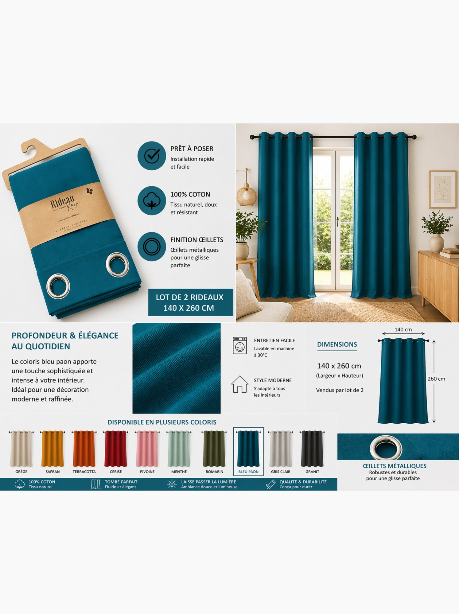 Lot de 2 rideaux 100% coton prélavé – kala - Bleu paon