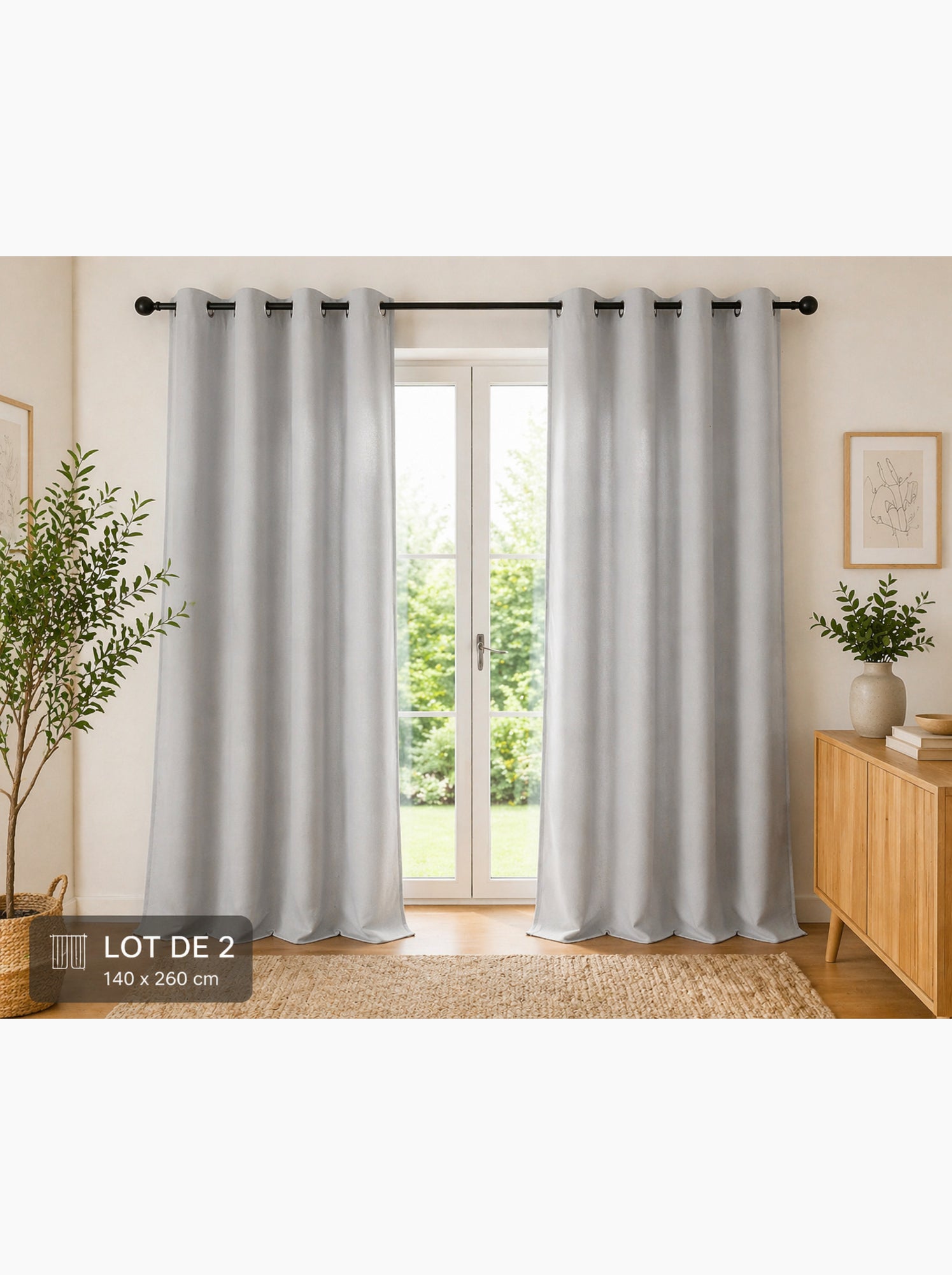 Lot de 2 rideaux 100% coton prélavé – kala - Gris clair