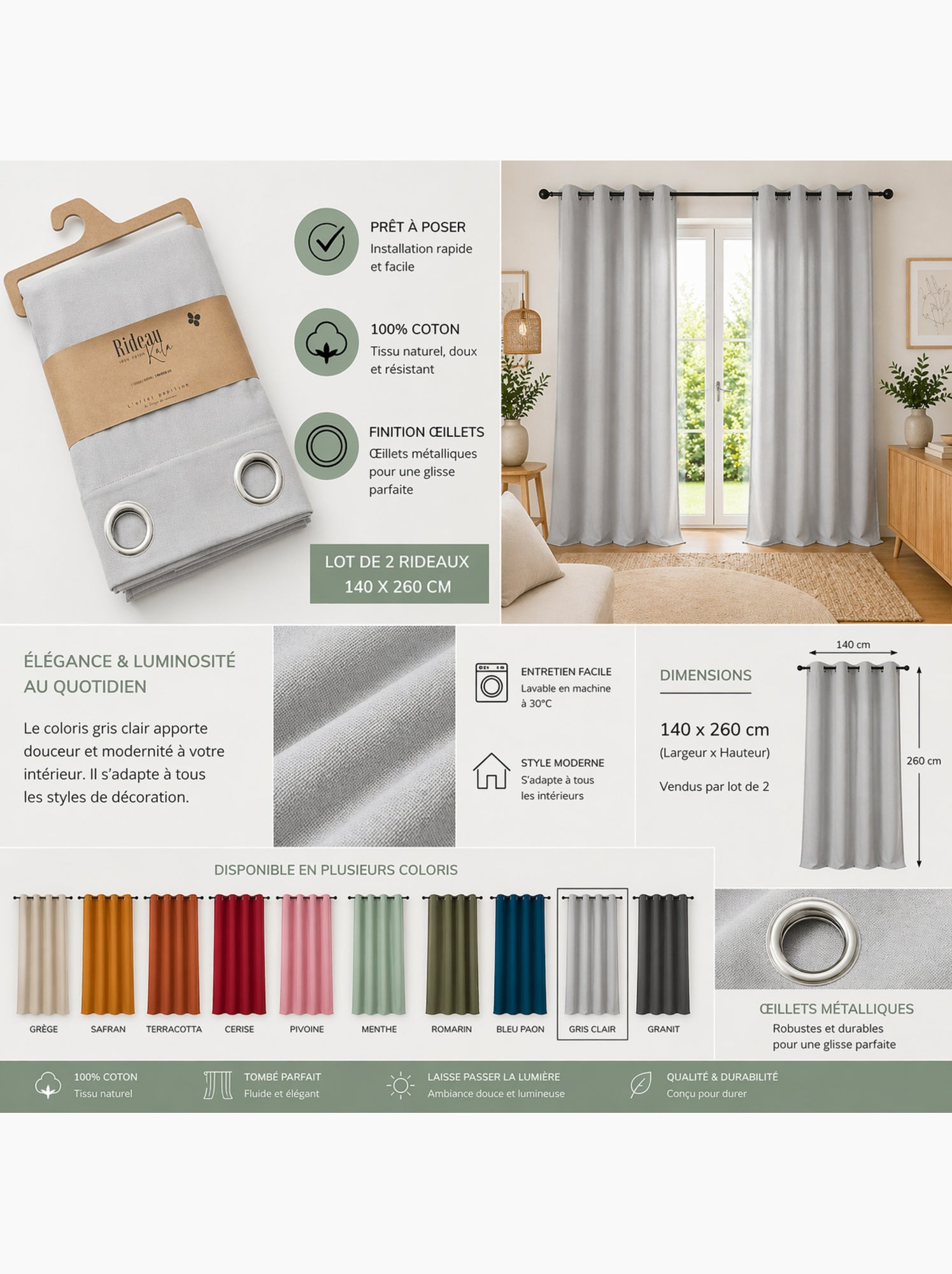 Lot de 2 rideaux 100% coton prélavé – kala - Gris clair
