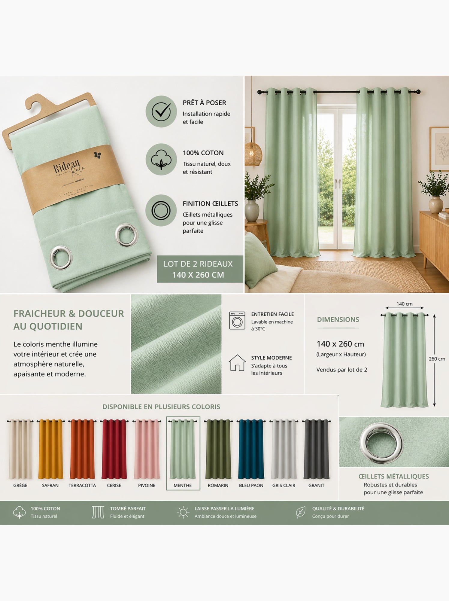 Lot de 2 rideaux 100% coton prélavé – kala - Menthe