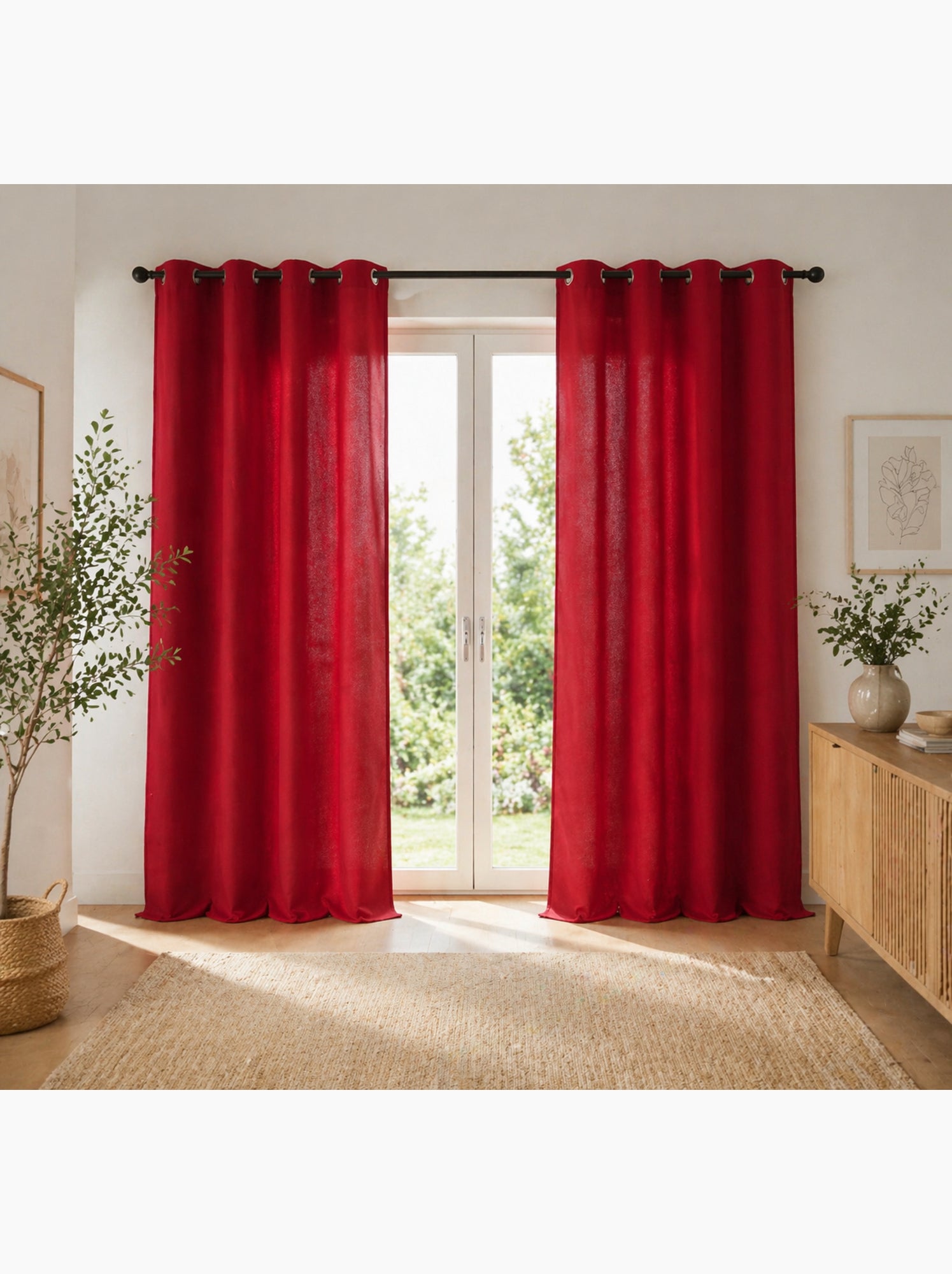 Lot de 2 rideaux 100% coton prélavé – kala - Rouge
