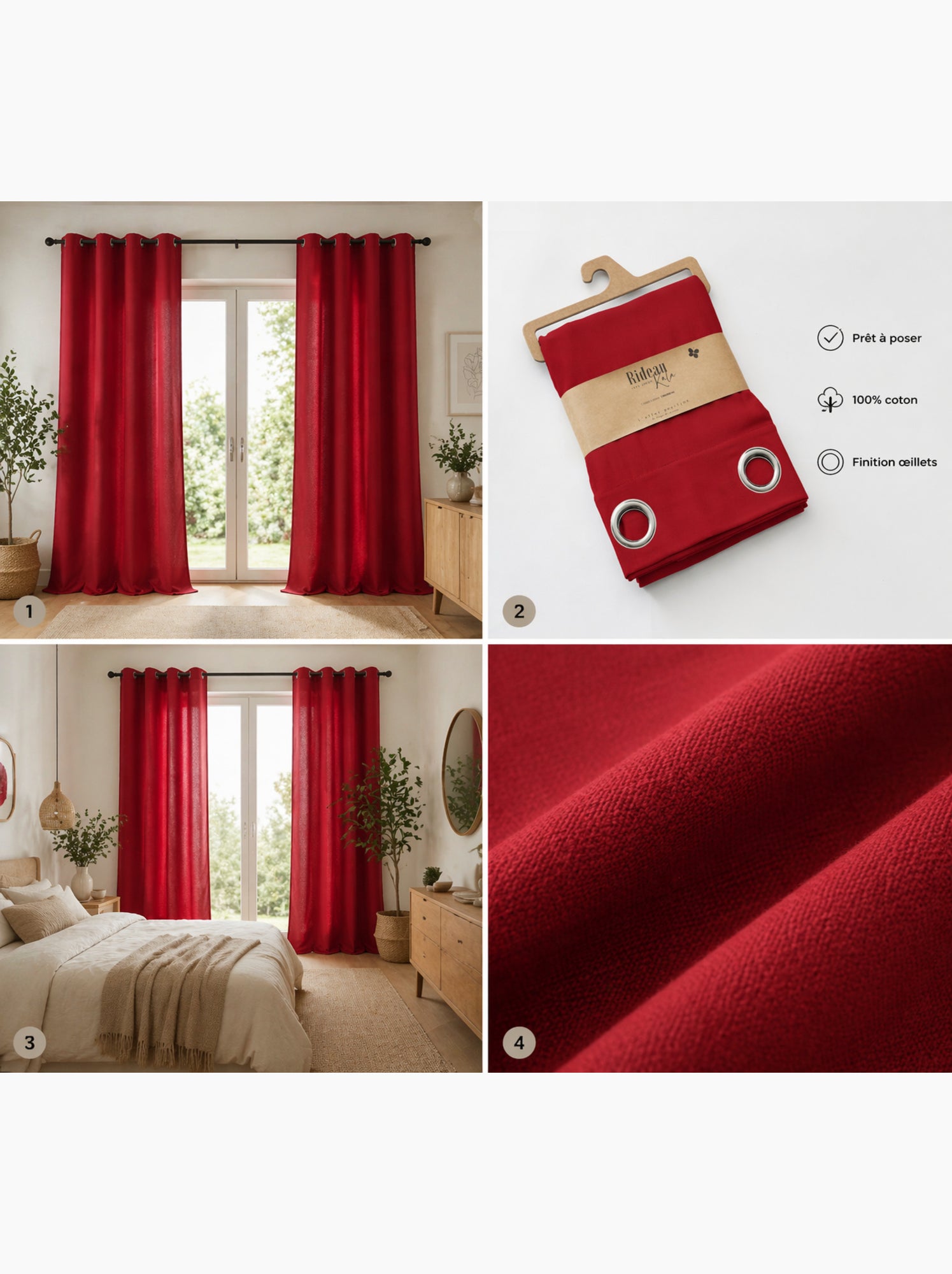 Lot de 2 rideaux 100% coton prélavé – kala - Rouge
