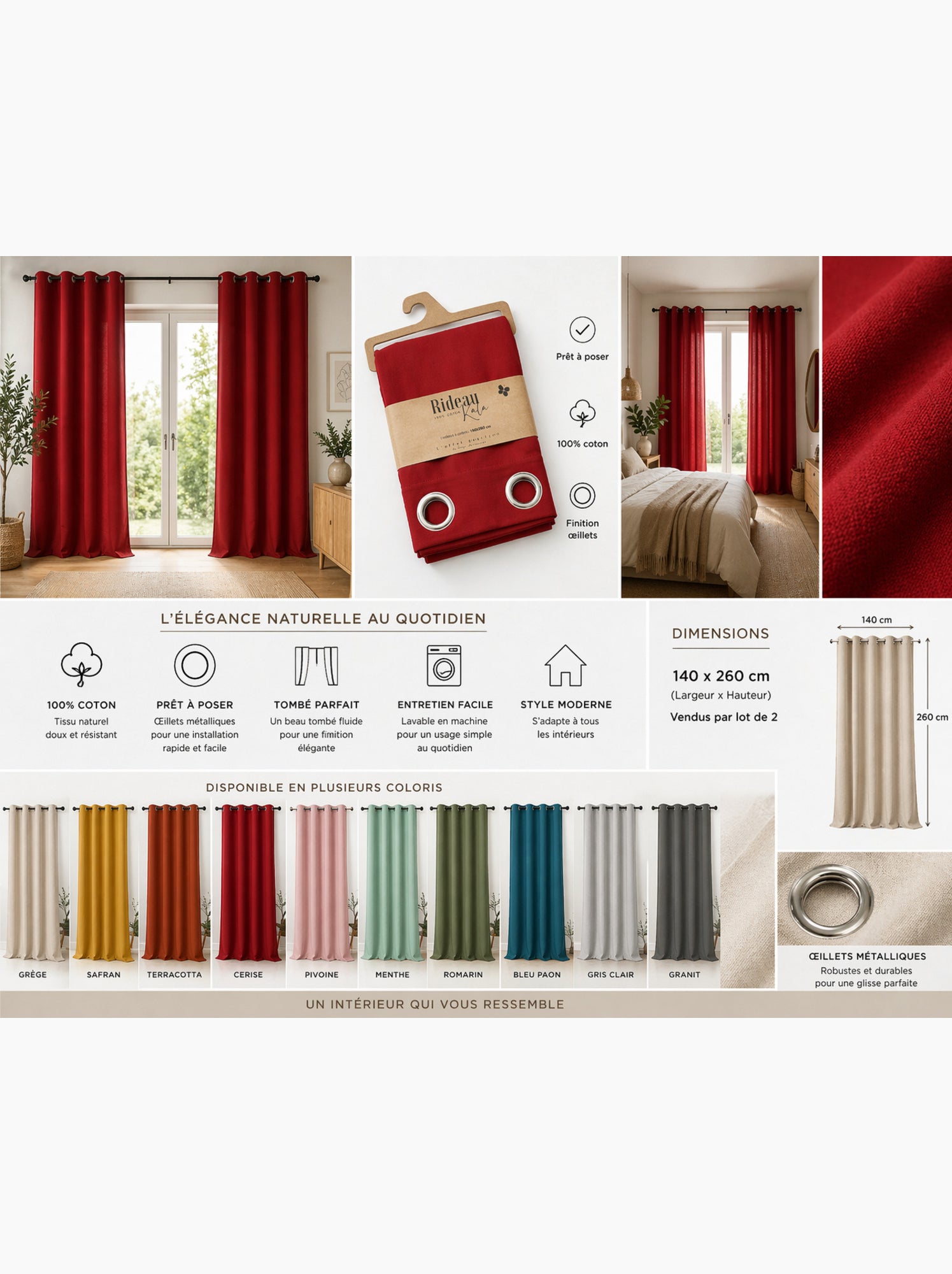 Lot de 2 rideaux 100% coton prélavé – kala - Rouge