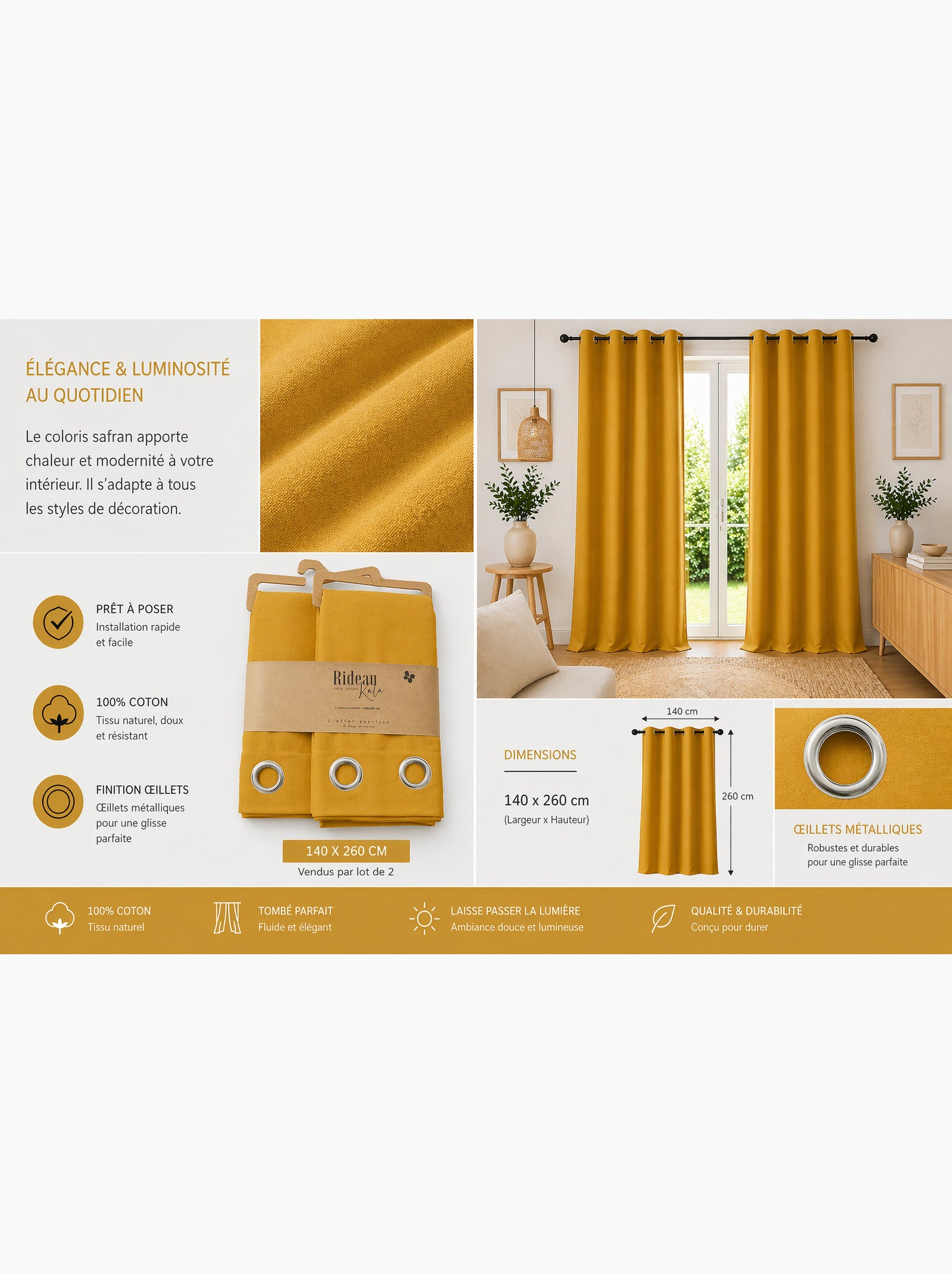 Lot de 2 rideaux 100% coton prélavé – kala - Safran