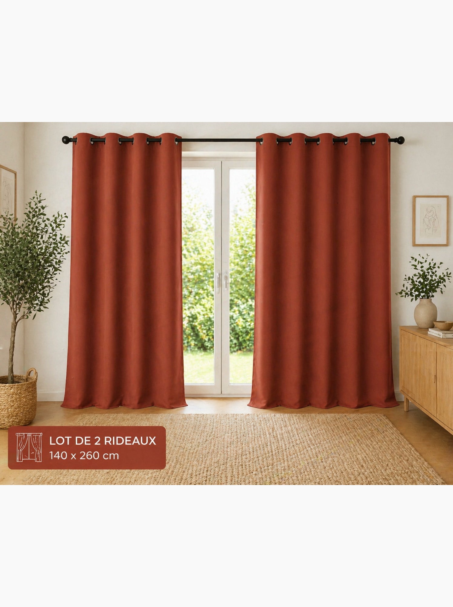 Lot de 2 rideaux 100% coton prélavé – kala - Terracotta