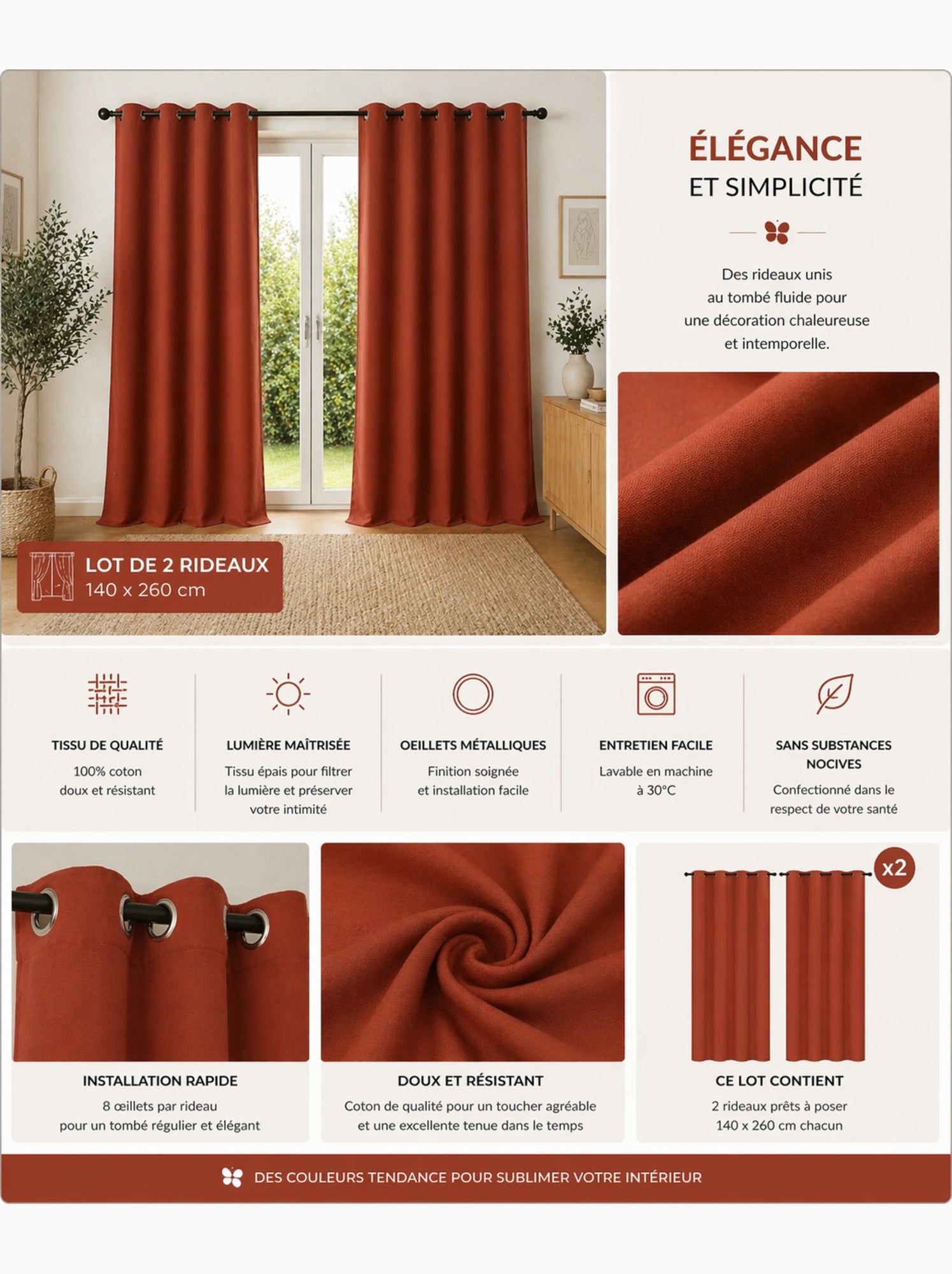 Lot de 2 rideaux 100% coton prélavé – kala - Terracotta