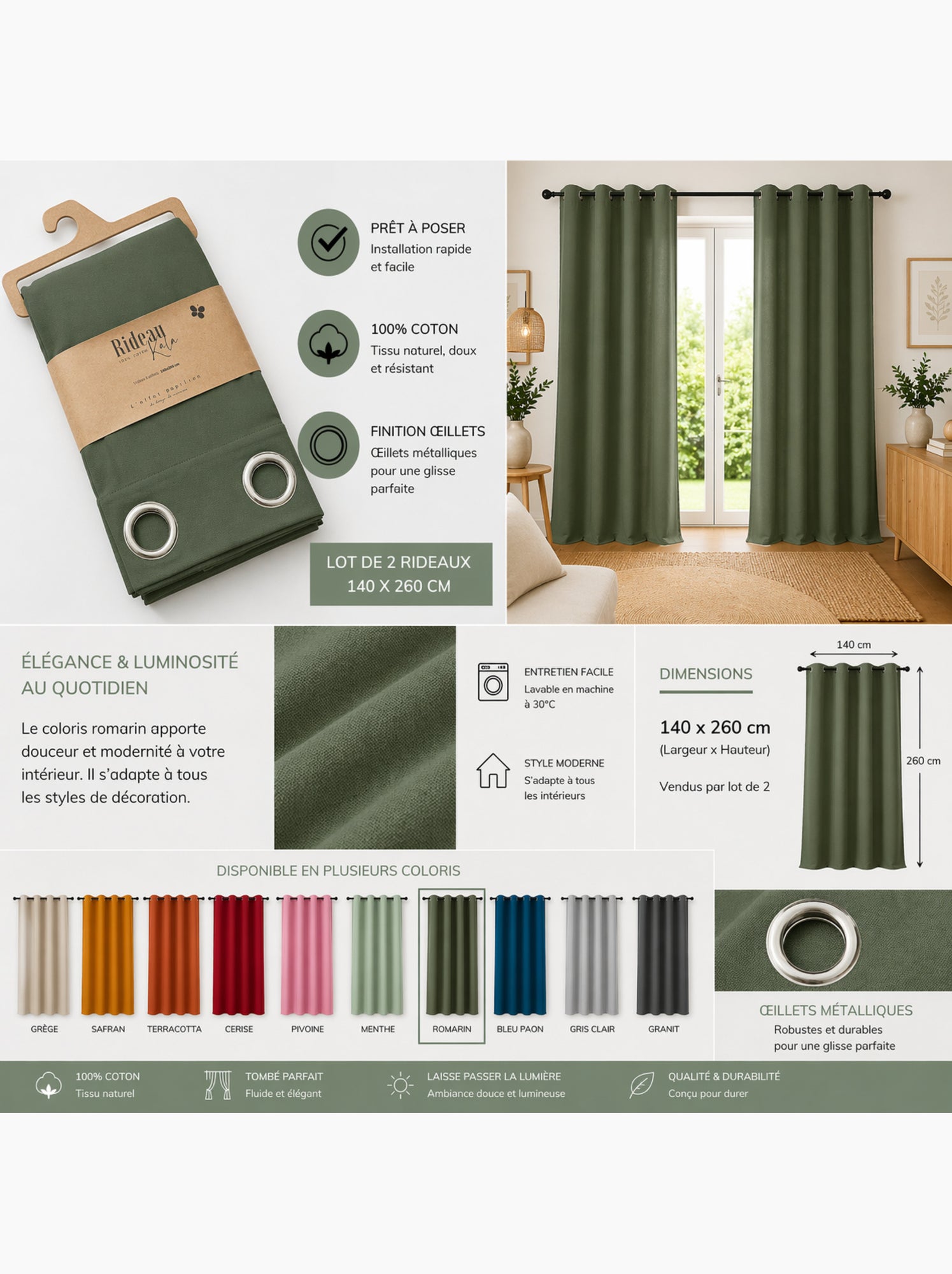 Lot de 2 rideaux 100% coton prélavé – kala - Vert romarin
