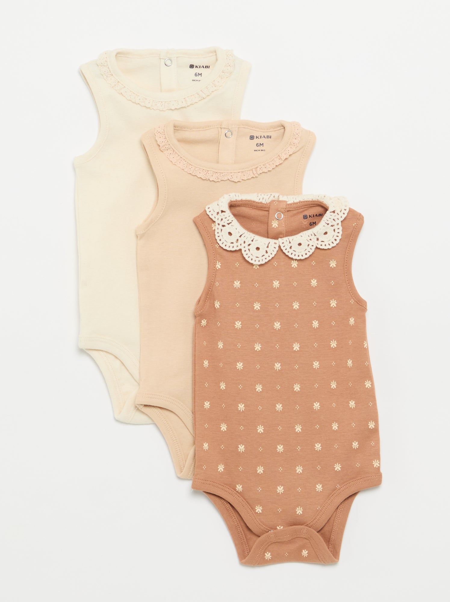 Lot de 3 bodies avec encolure rondes avec borderies - Beige (FWX63_2)