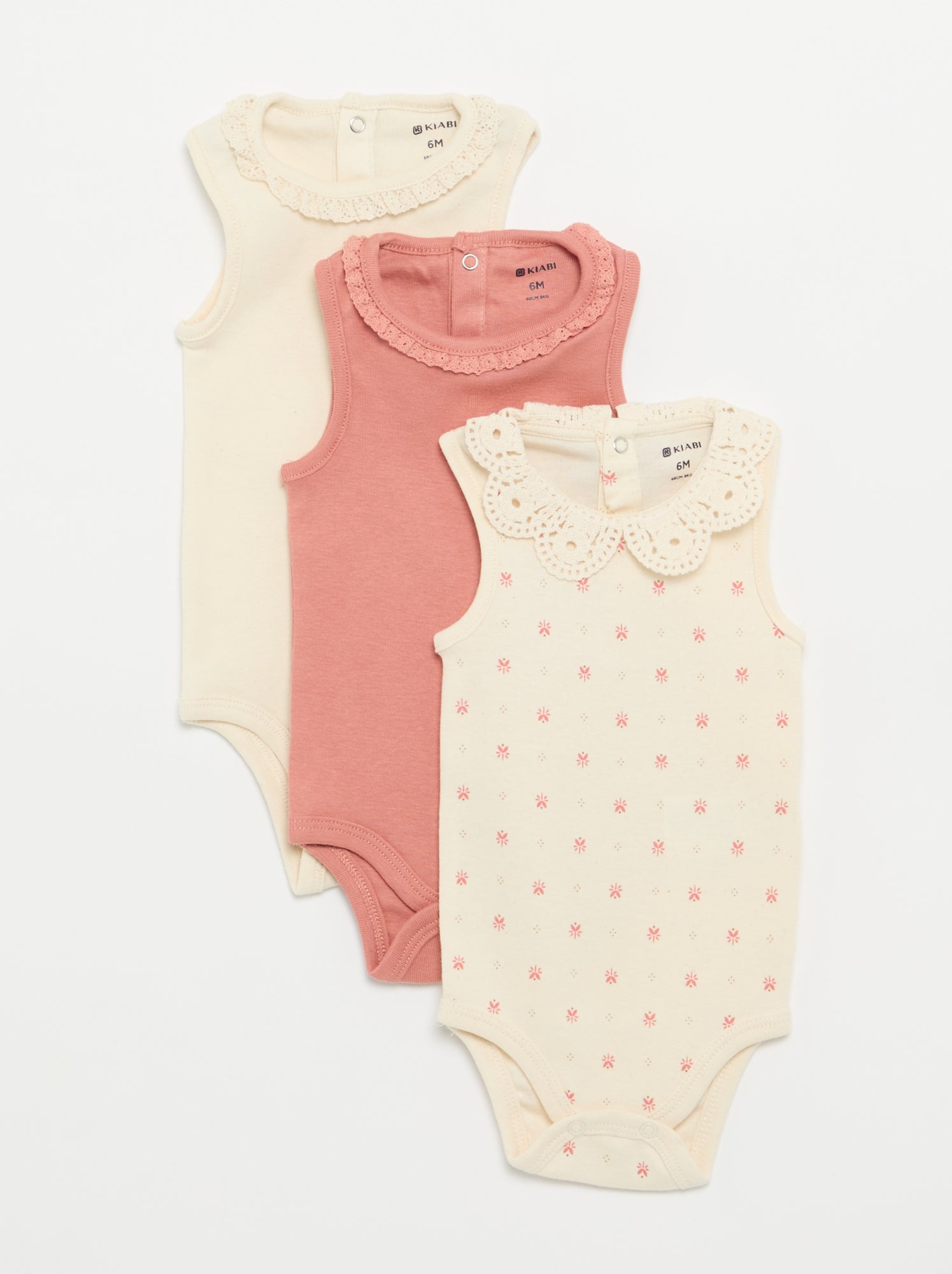 Lot de 3 bodies avec encolure rondes avec borderies - Blanc