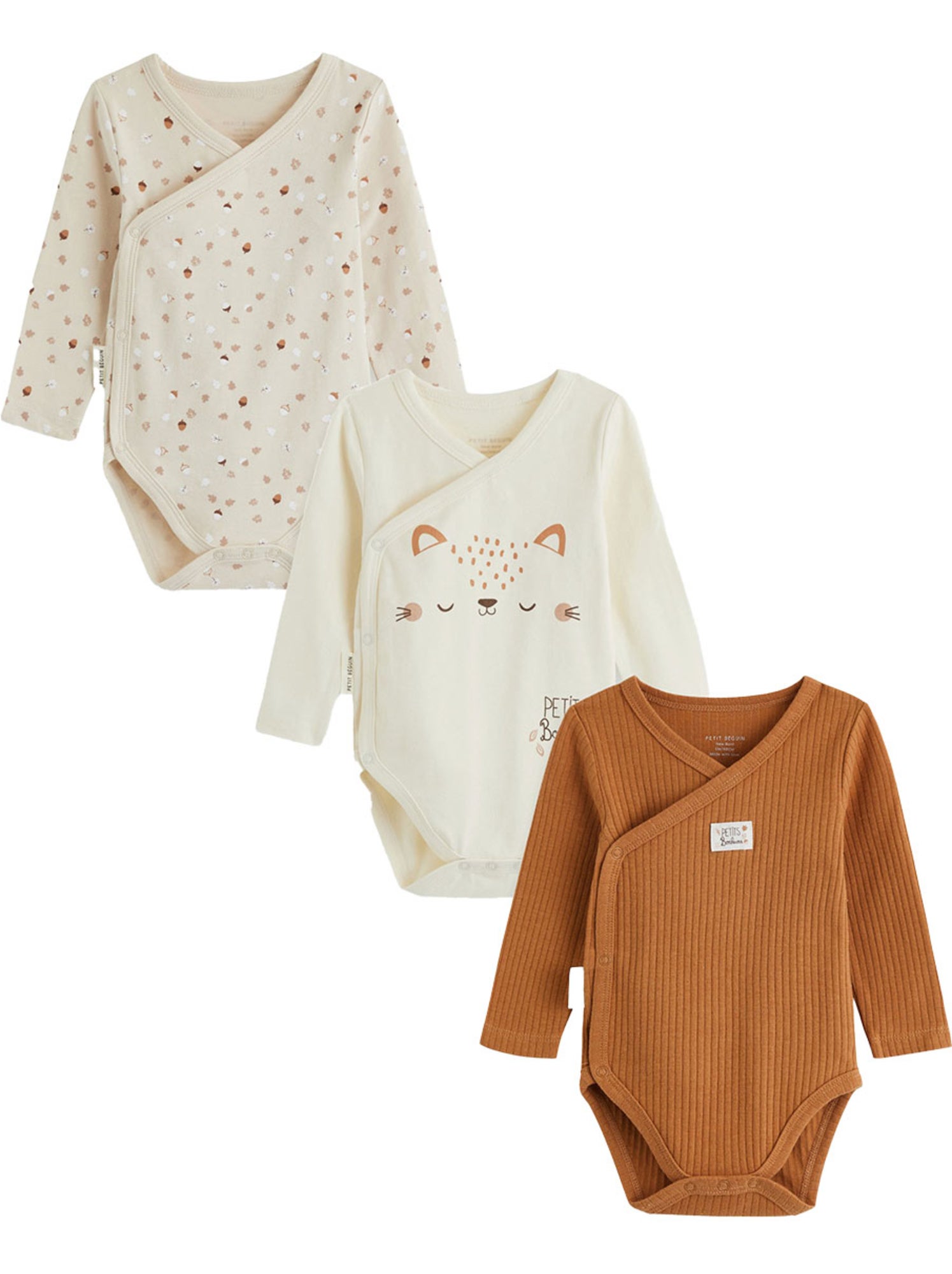Lot de 3 bodies bébé manches longues ouverture croisée caramel - Marron